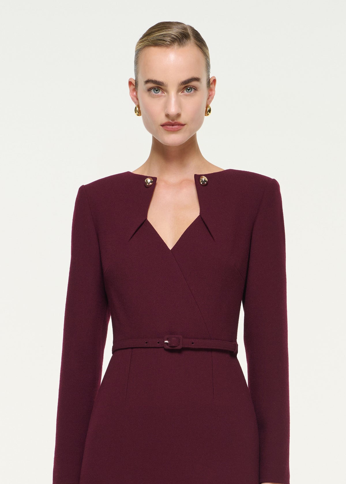 V-Neck Wool Crepe Midi Dress