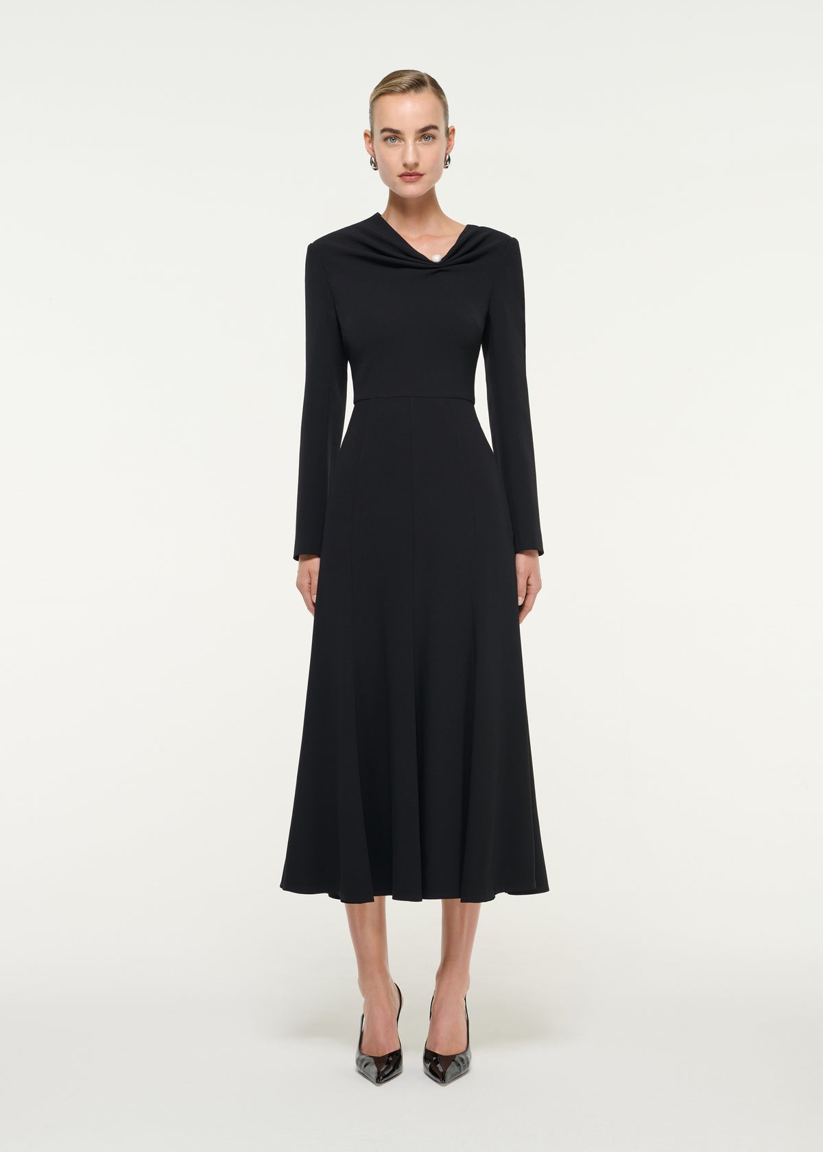 Asymmetric Neckline Satin Back Crepe Midi Dress