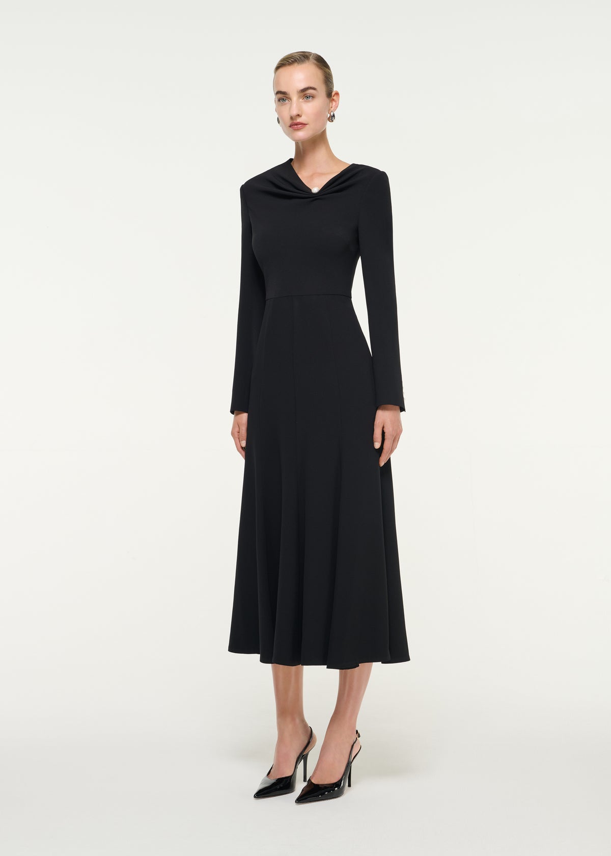 Asymmetric Neckline Satin Back Crepe Midi Dress