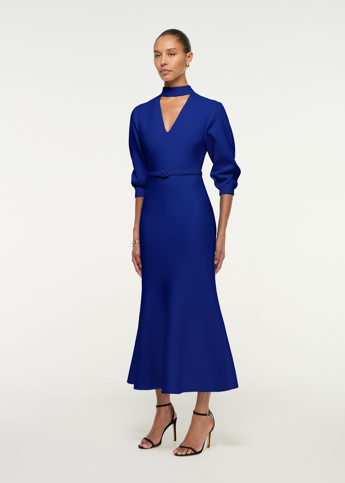 Belted Blouson Knitted Midi Dress