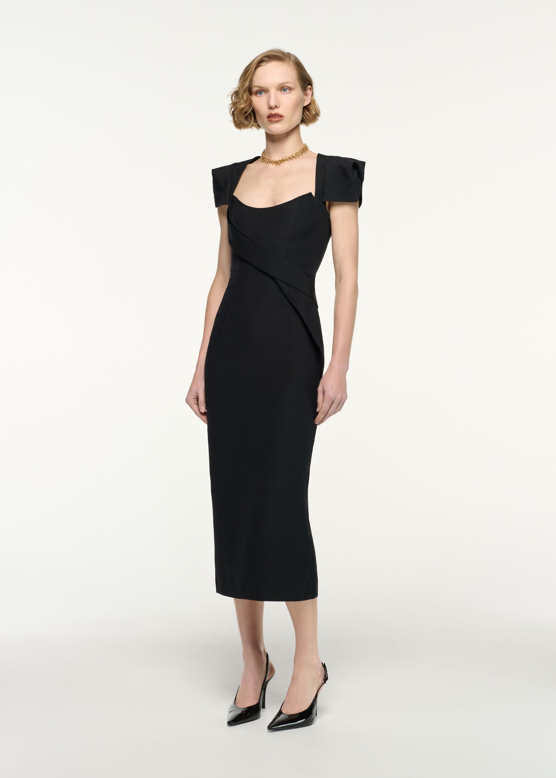 Cap Sleeve Silk Wool Midi Dress