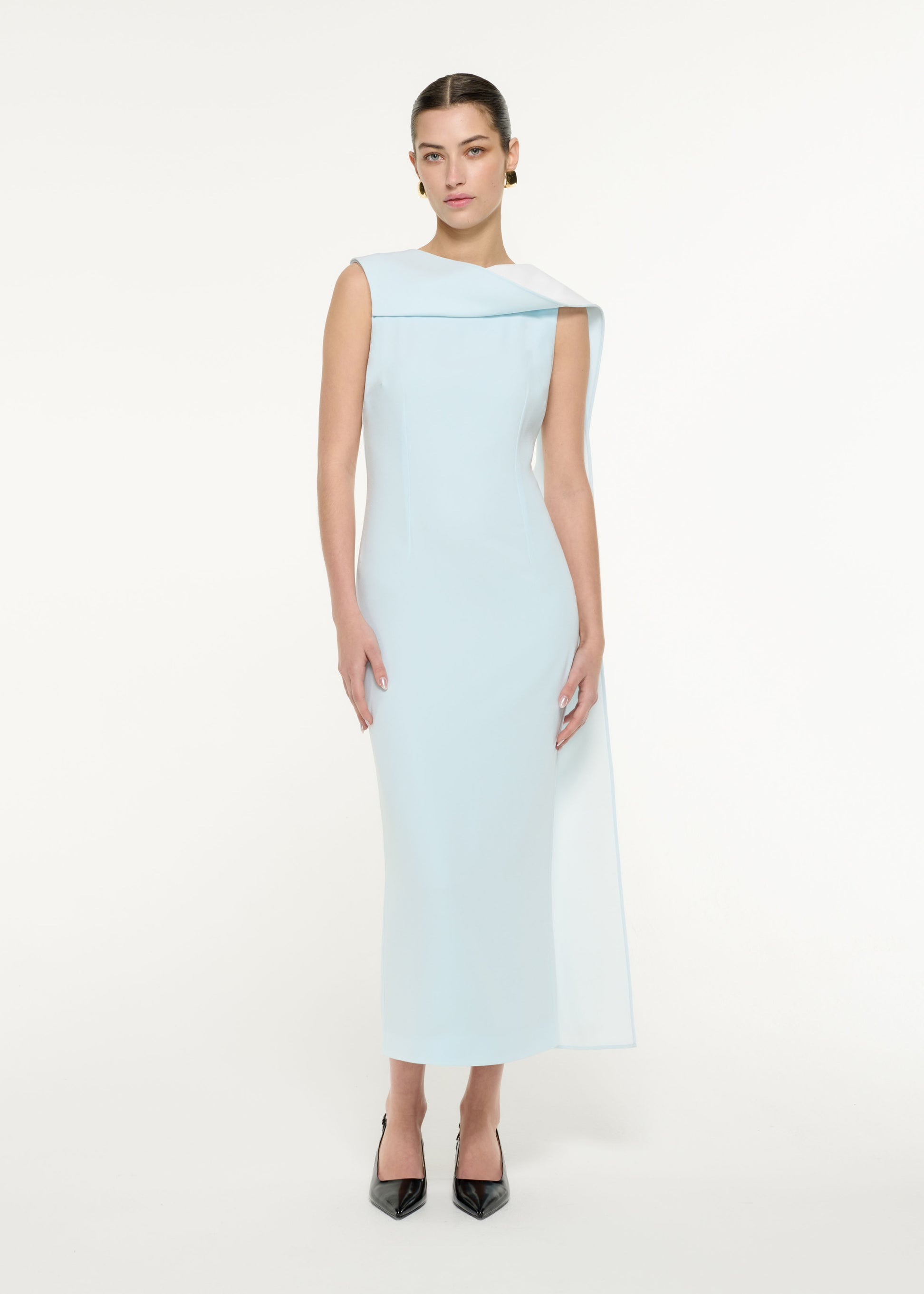 Satin Crepe Sash Midi Dress in Blue/White – Roland Mouret