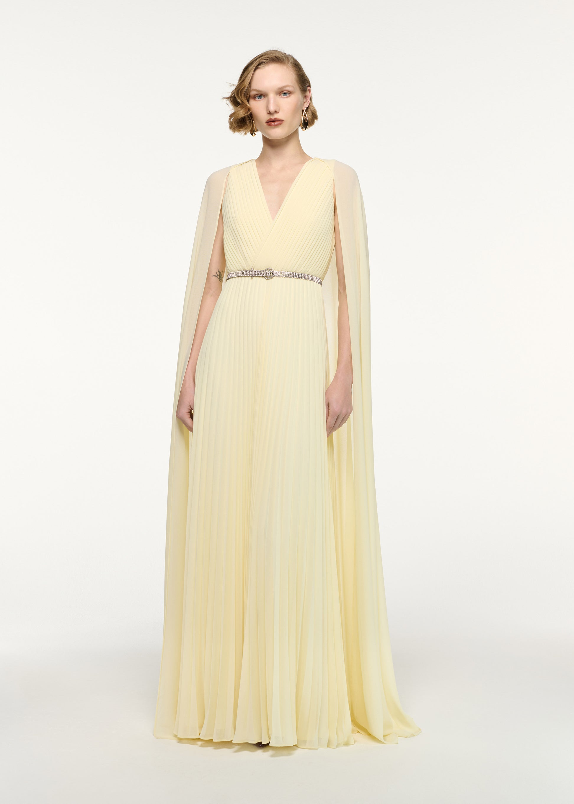 Crystal Belt Pleated Cape Gown