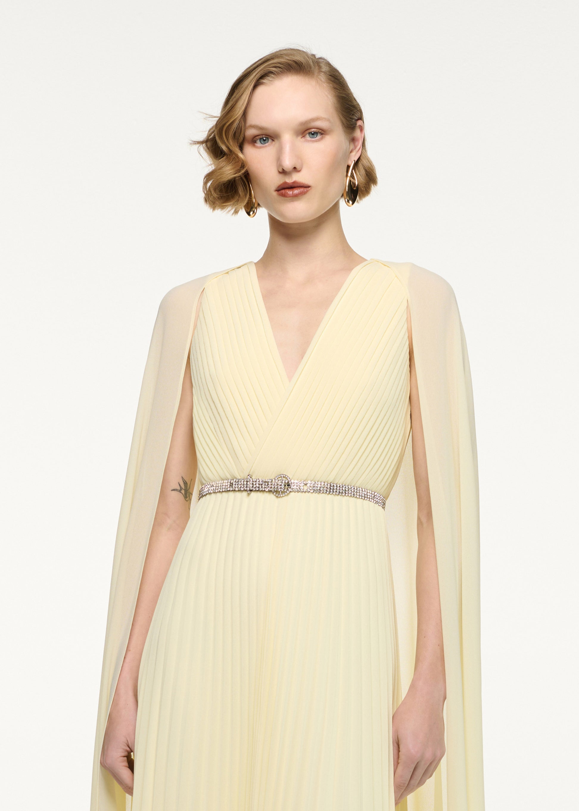 Crystal Belt Pleated Cape Gown