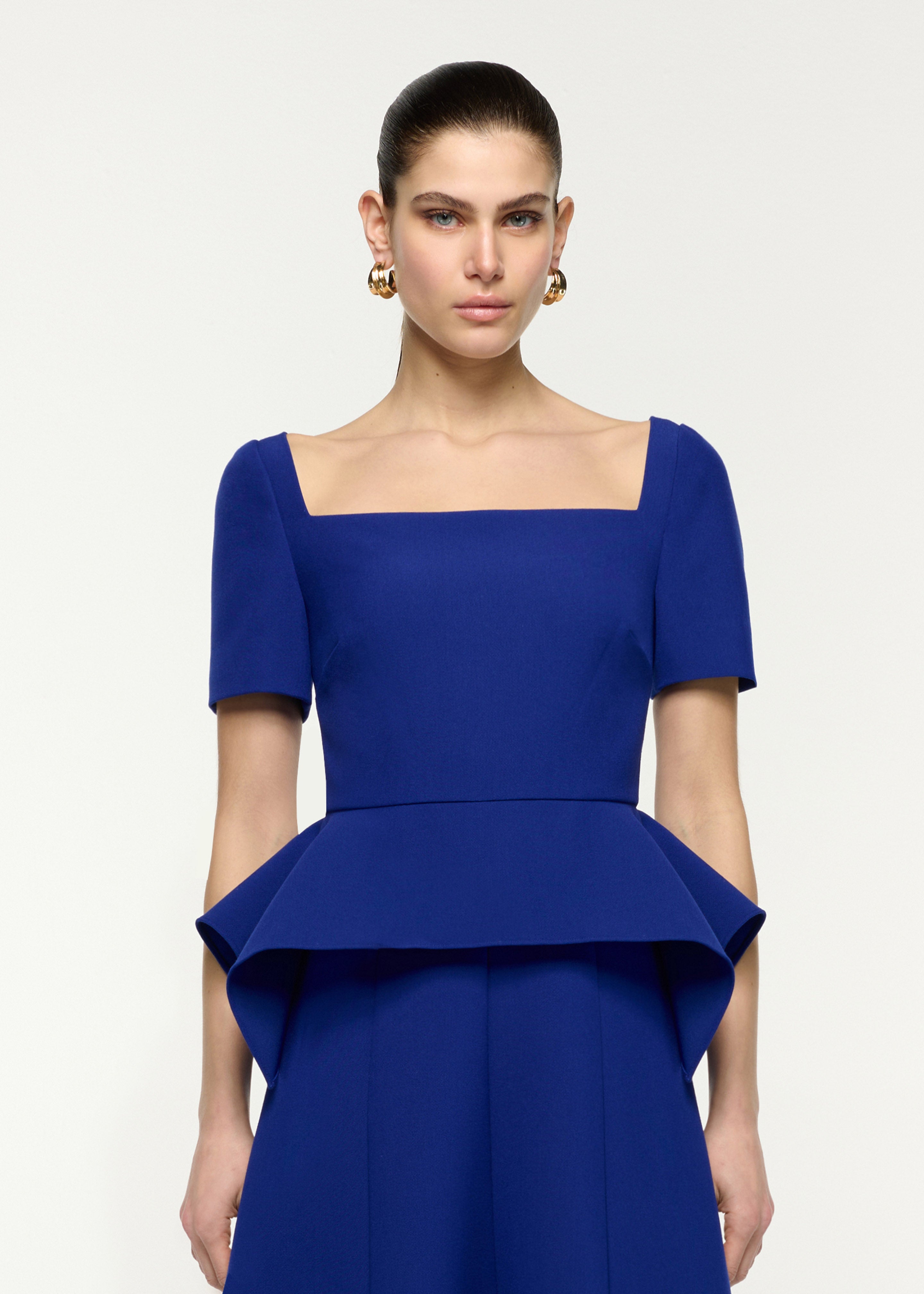 Square Neck Drape Peplum Midi Dress Blue – Roland Mouret