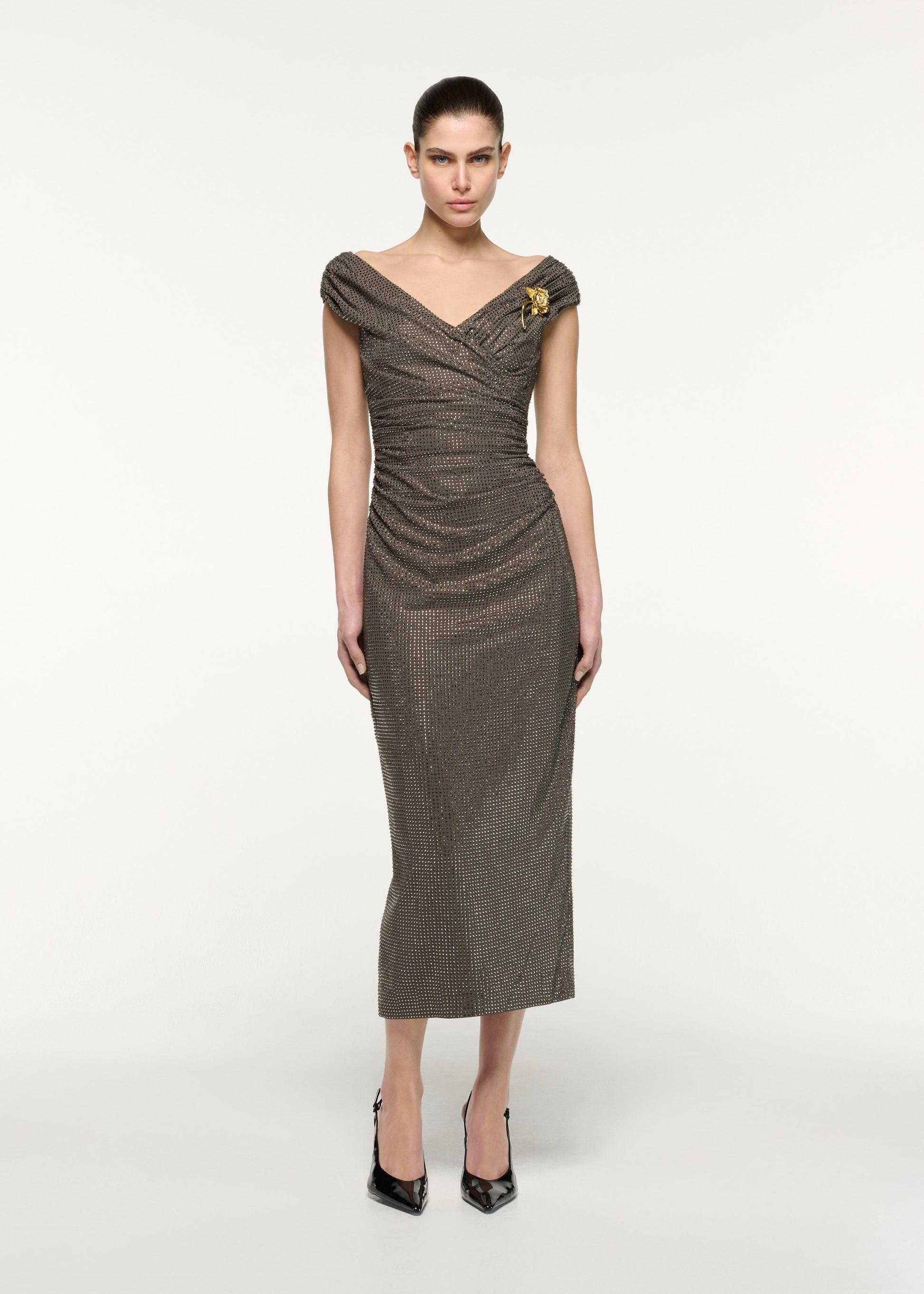Front view of a model wearing the Gold Rose Brooched Diamante Midi Dress in Taupe