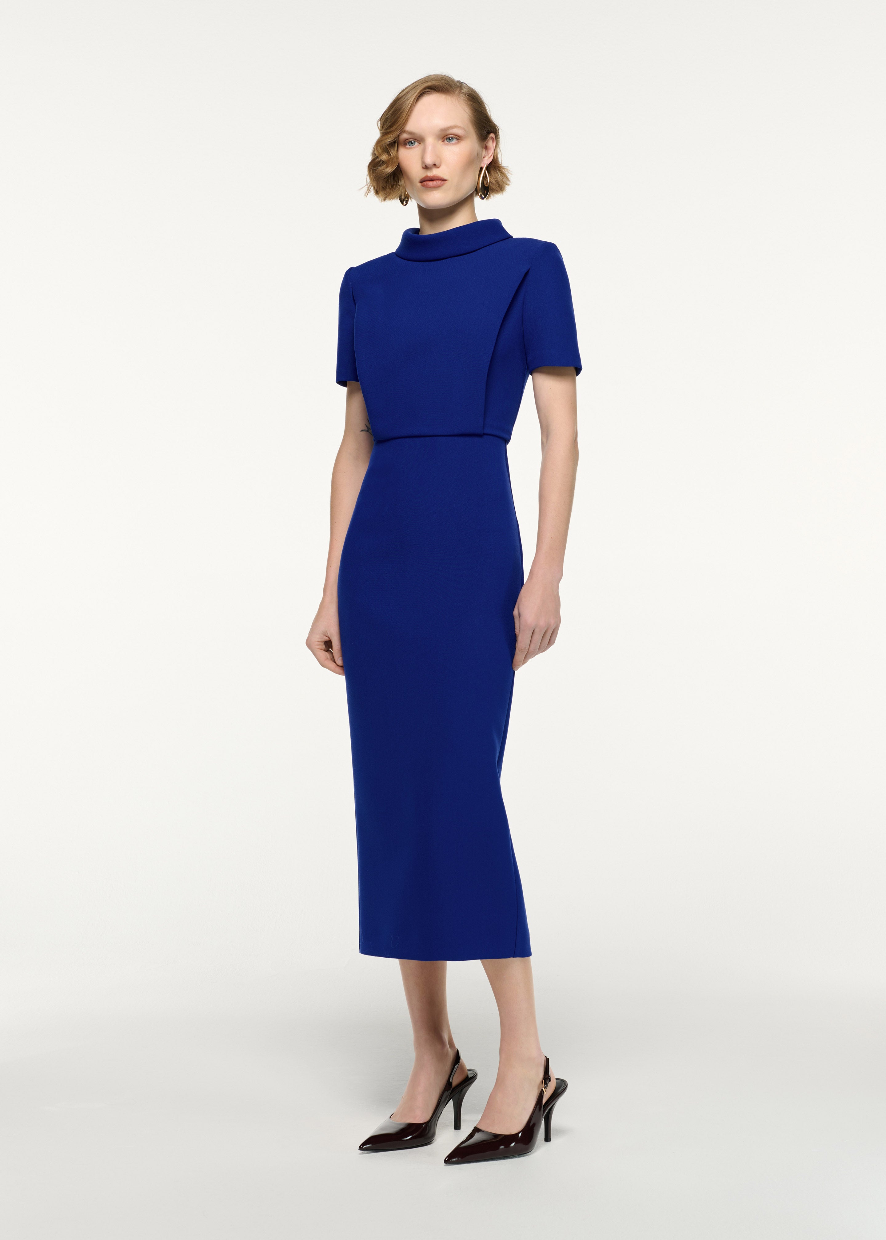 Collared Crepe Column Midi Dress Blue – Roland Mouret