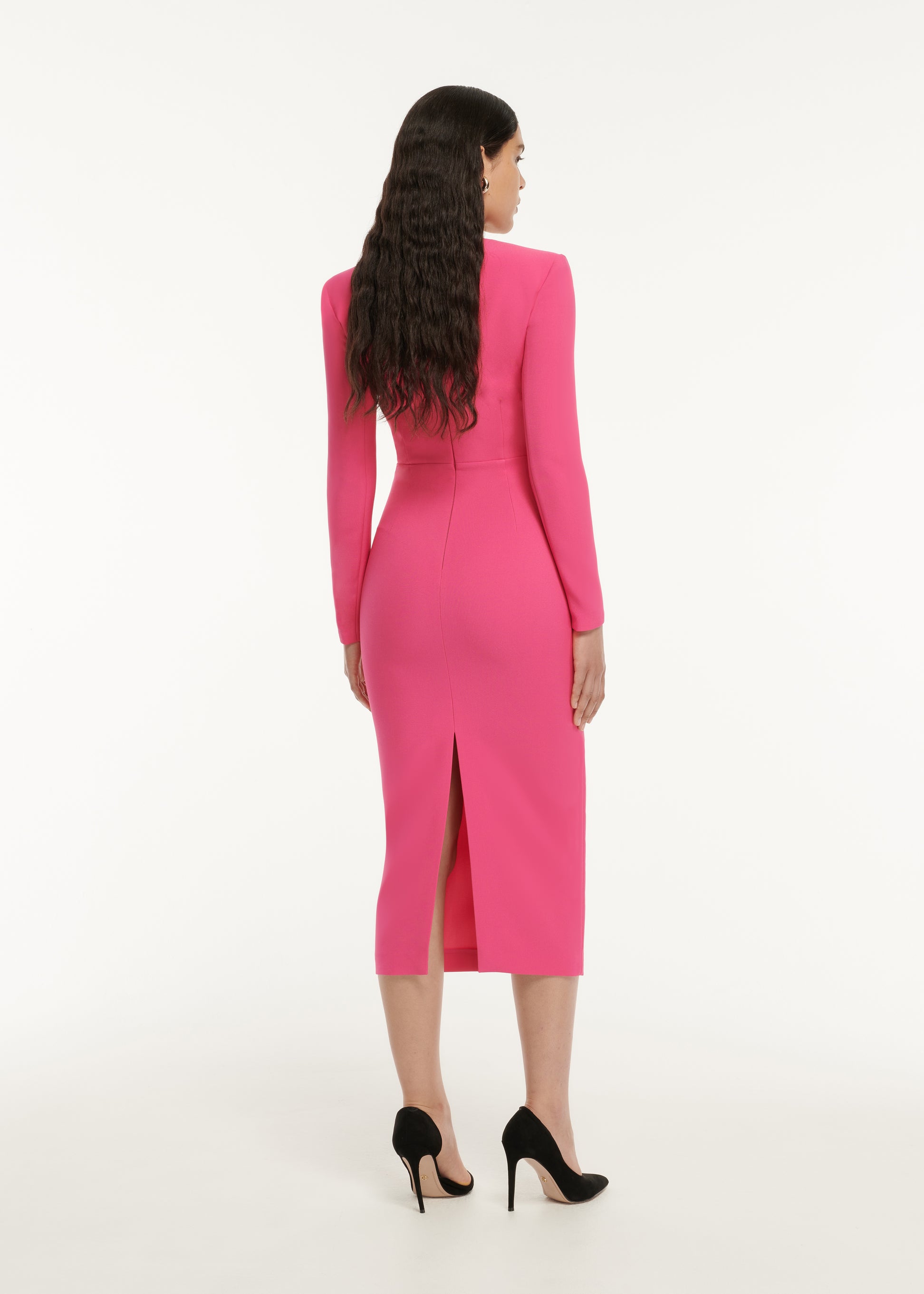 The back of a woman wearing the Long Sleeve Pleat Detail Crepe Midi Dress