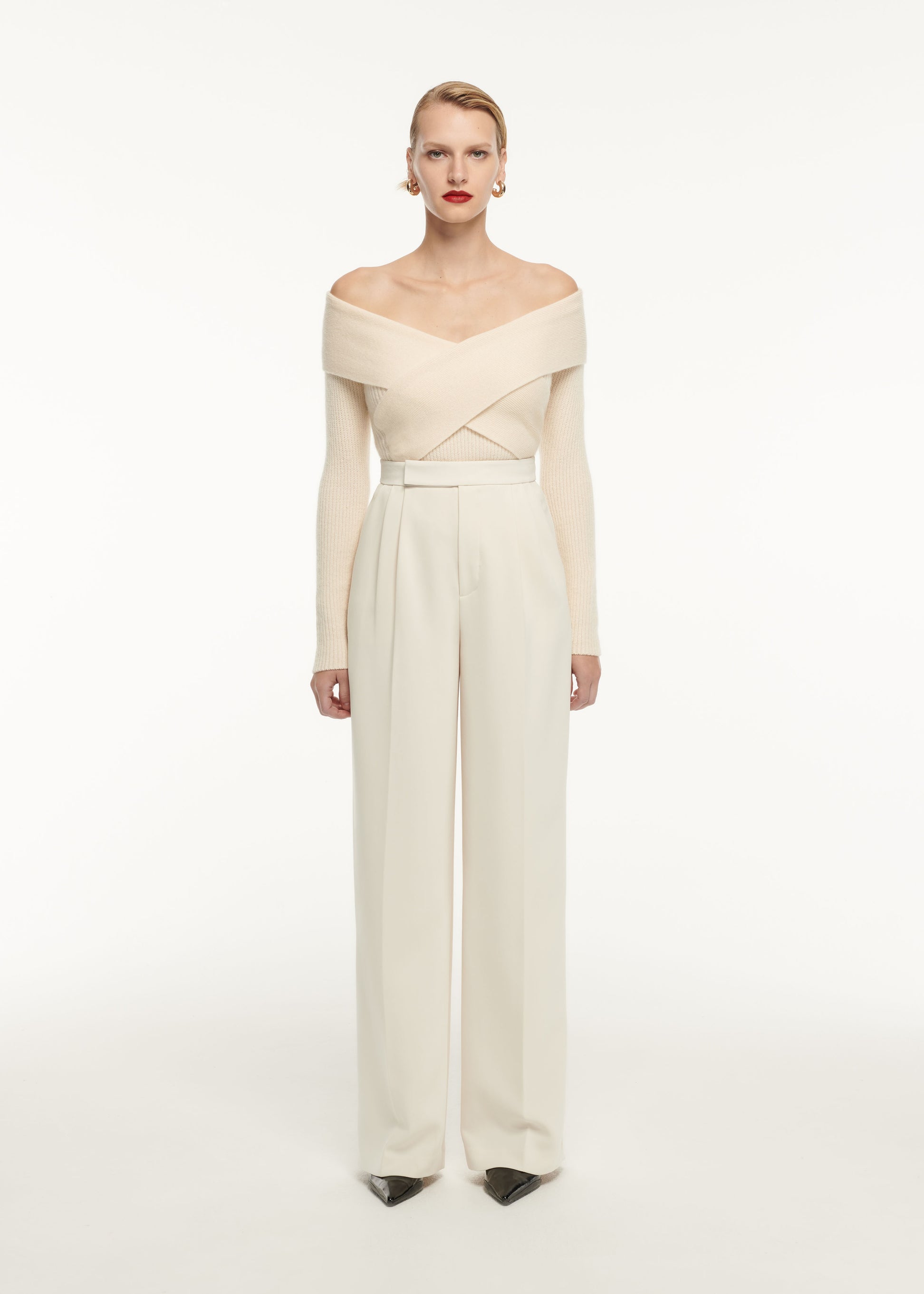 A woman wearing the Wide Leg Stretch Cady Trouser in Cream