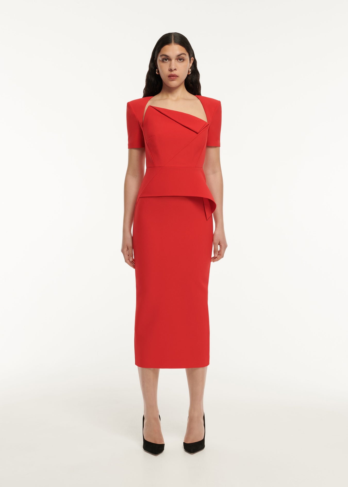 Short Sleeve Crepe Peplum Midi Dress