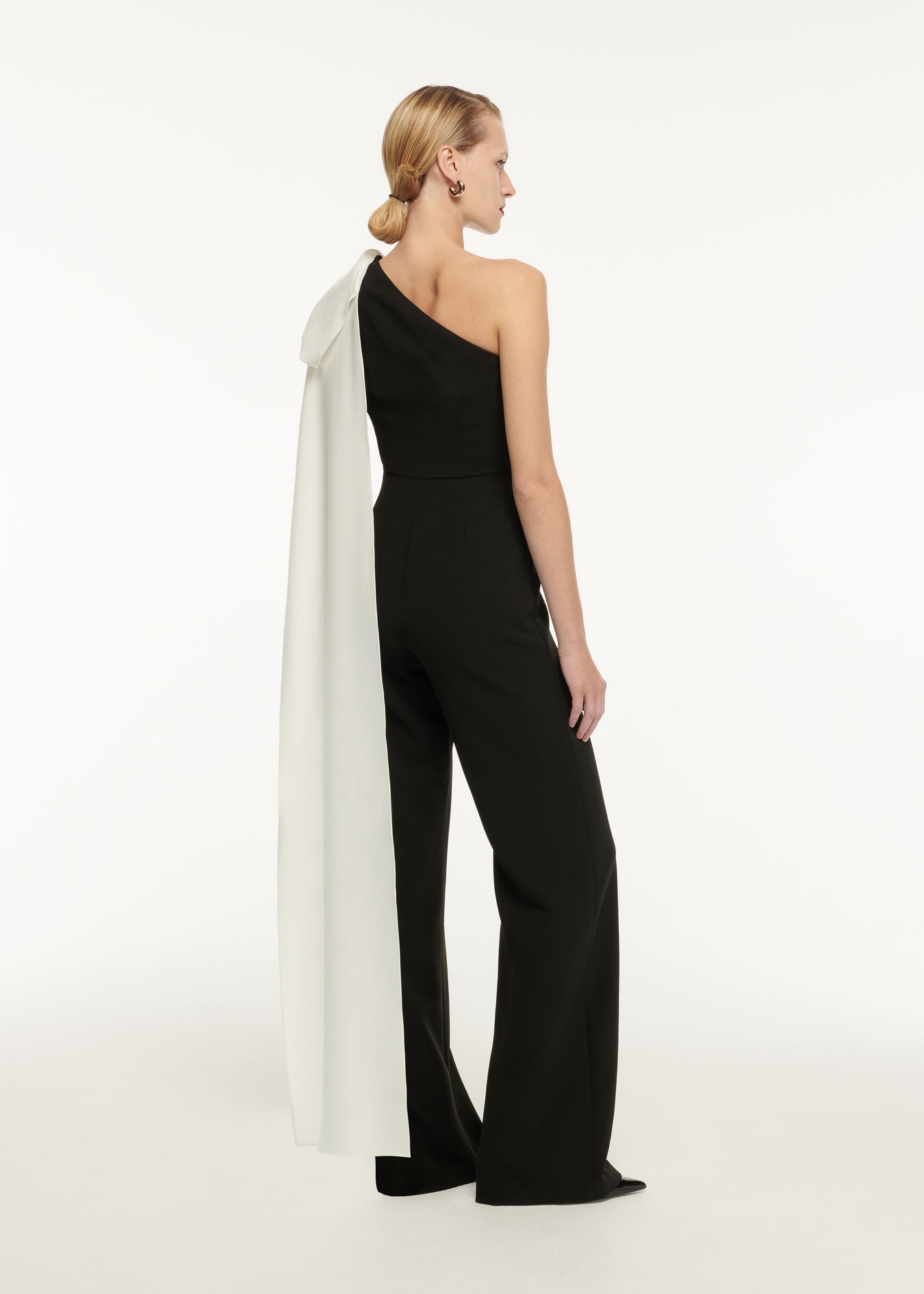The back of a woman wearing the Wide Leg Stretch Cady Trouser Cream