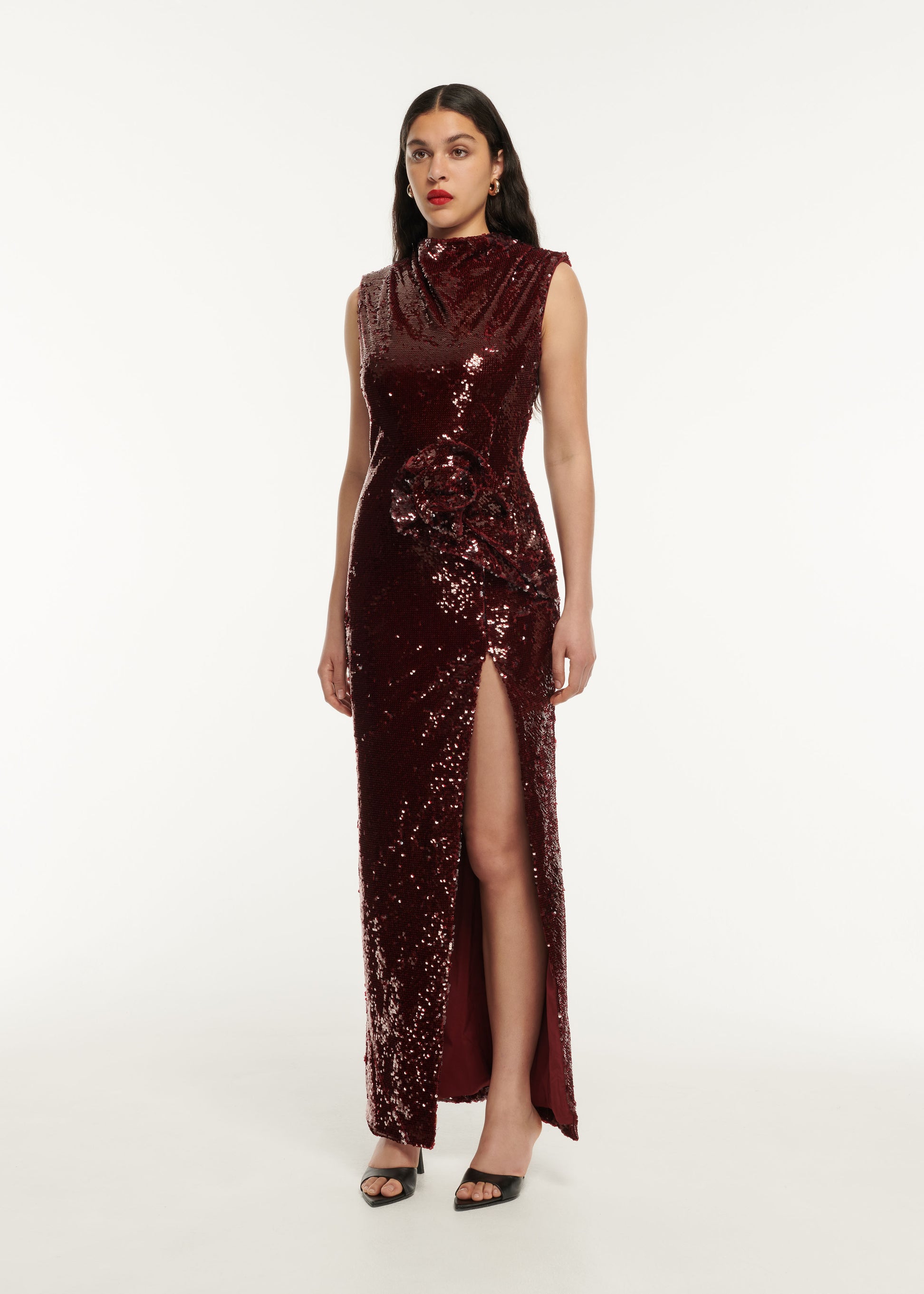 Sequin Drape Maxi Dress in Maroon – Roland Mouret