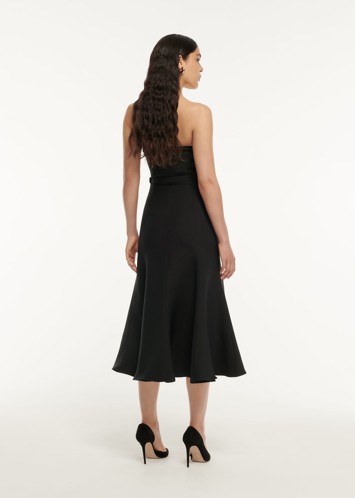 The back of a woman wearing the Cape Sleeve Stretch Cady Maxi Dress
