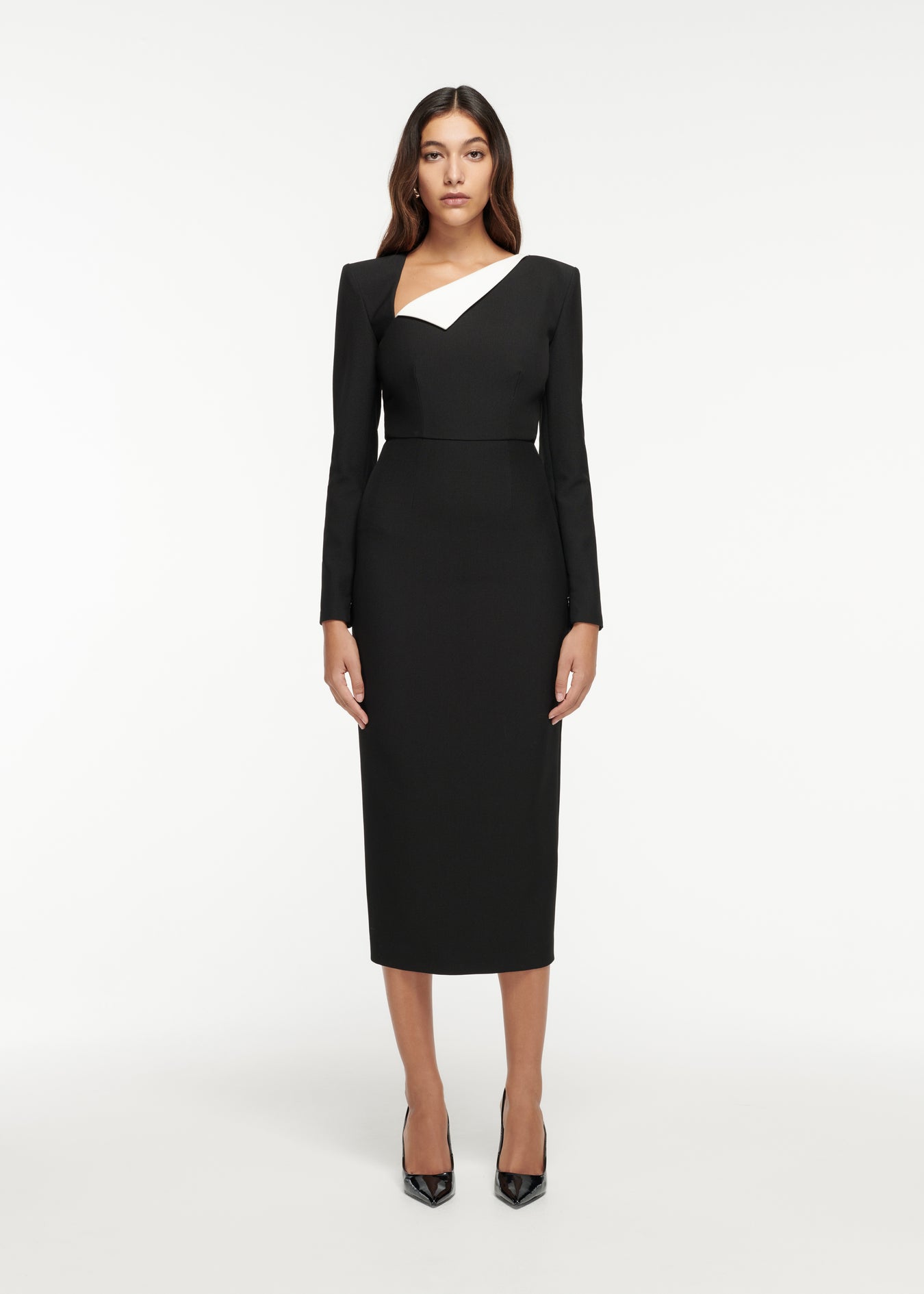 Front view of a model wearing the Long Sleeve Crepe Midi Dress in Monochrome