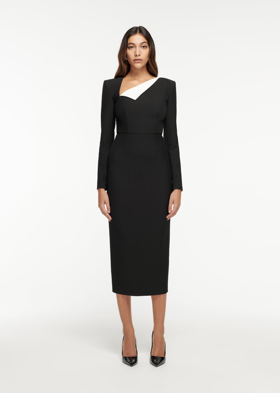 Long Sleeve Wool Crepe Midi Dress in Navy – Roland Mouret