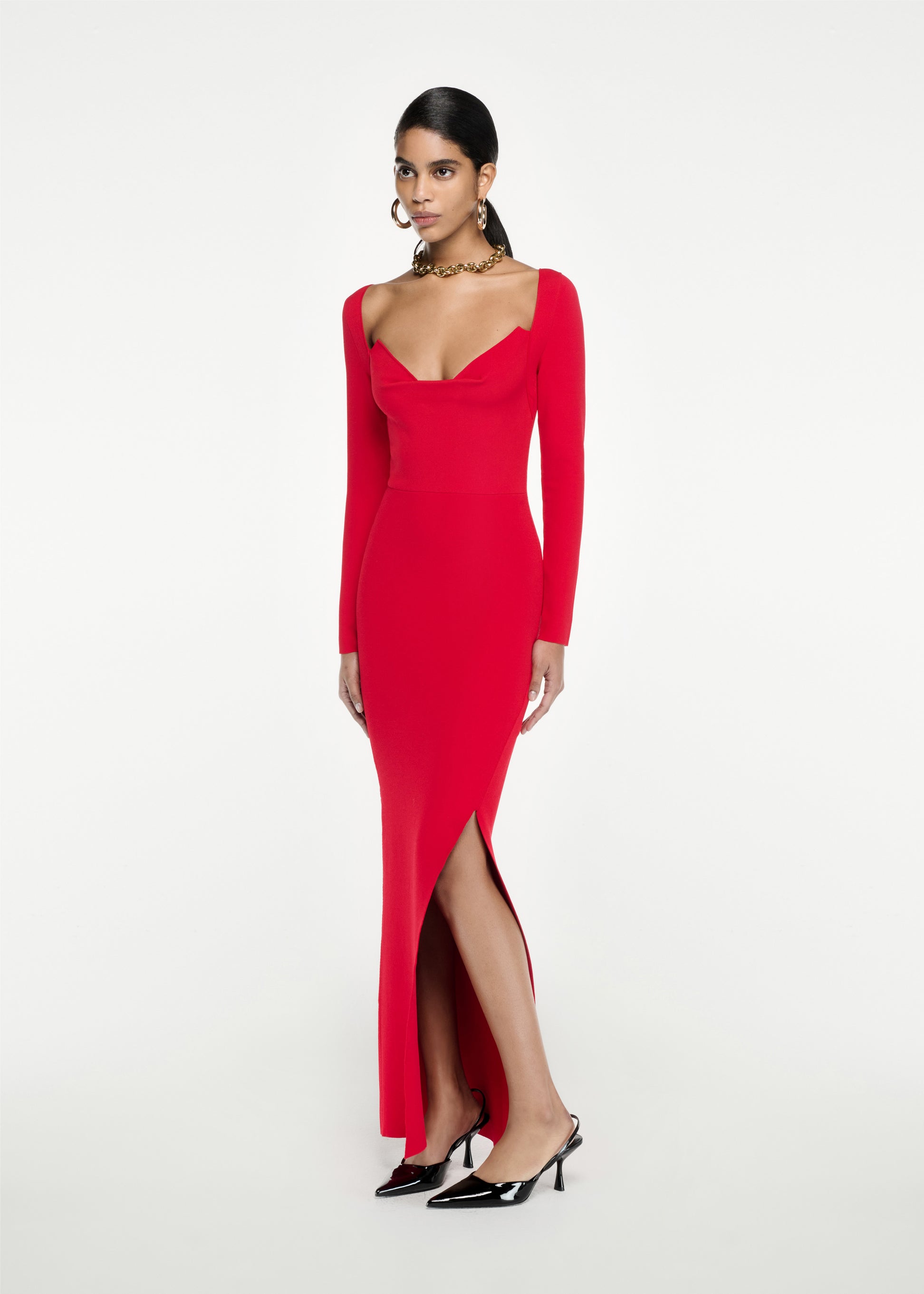 long sleeve knit maxi dress red