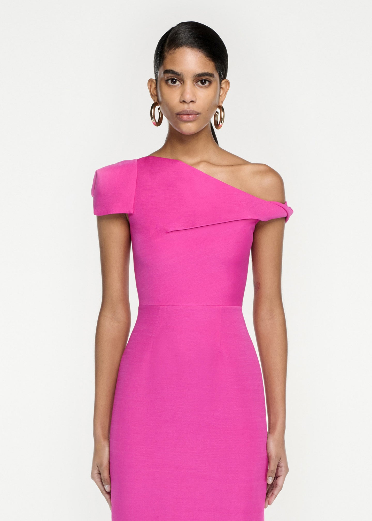 asymmetric off shoulder silk wool midi dress pink