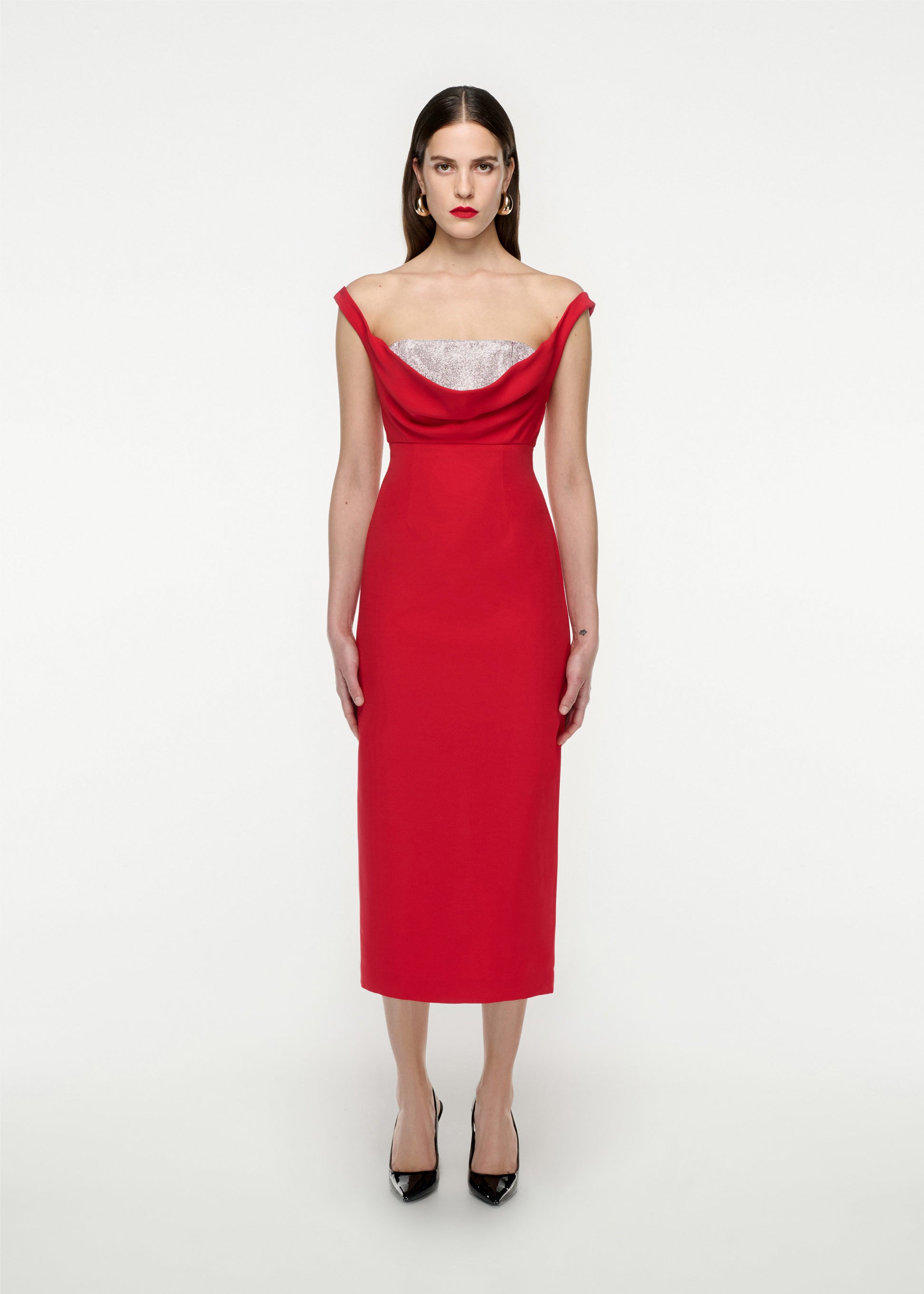 Woman wearing the Off Shoulder Silk Wool Diamante Midi Dress in Red