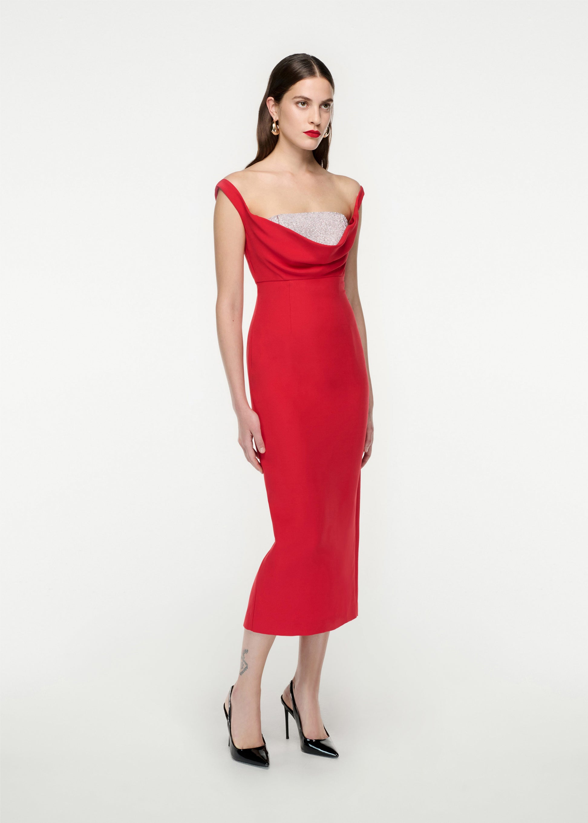 Woman wearing the Off Shoulder Silk Wool Diamante Midi Dress in Red