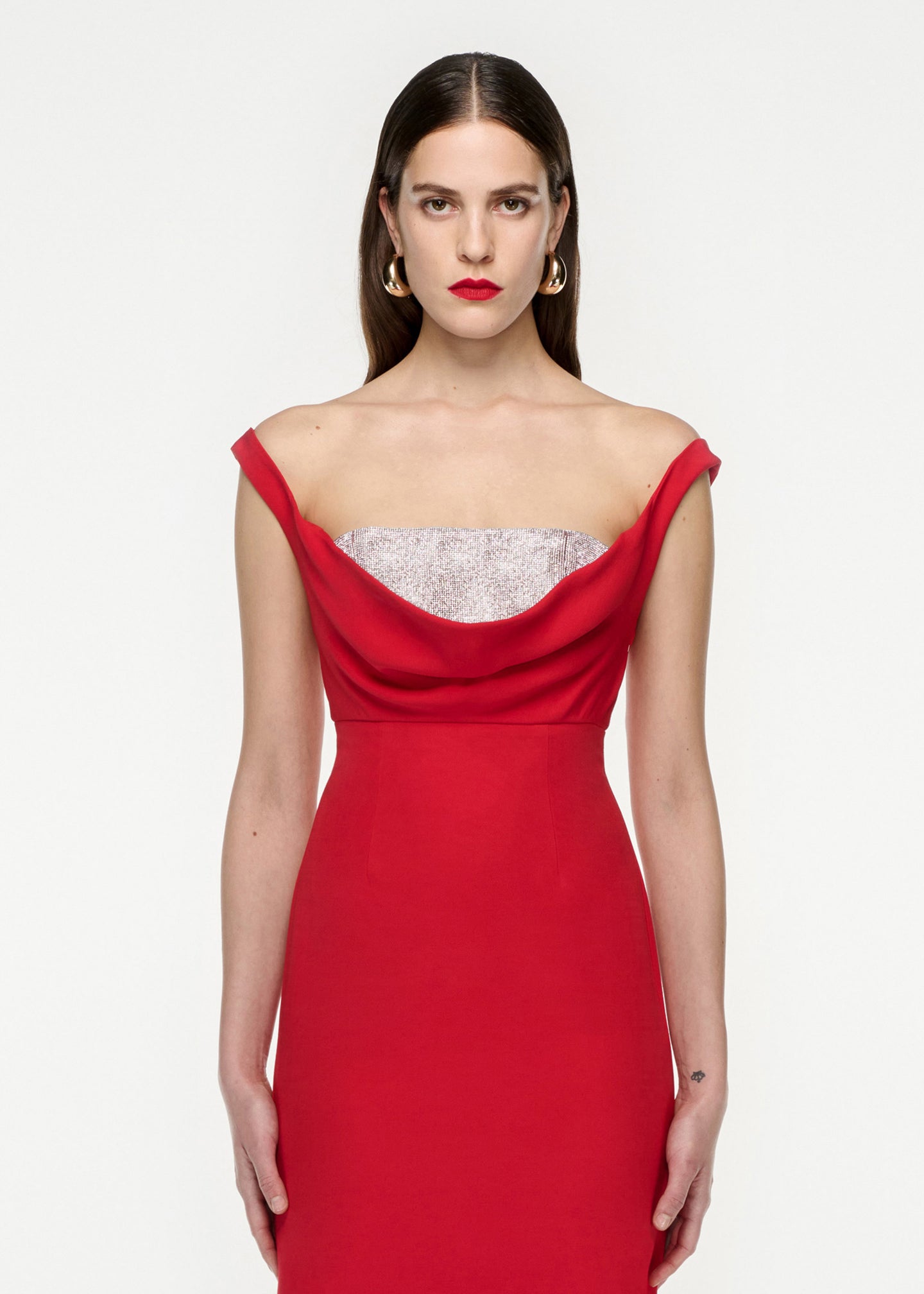 off shoulder silk wool diamante midi dress red