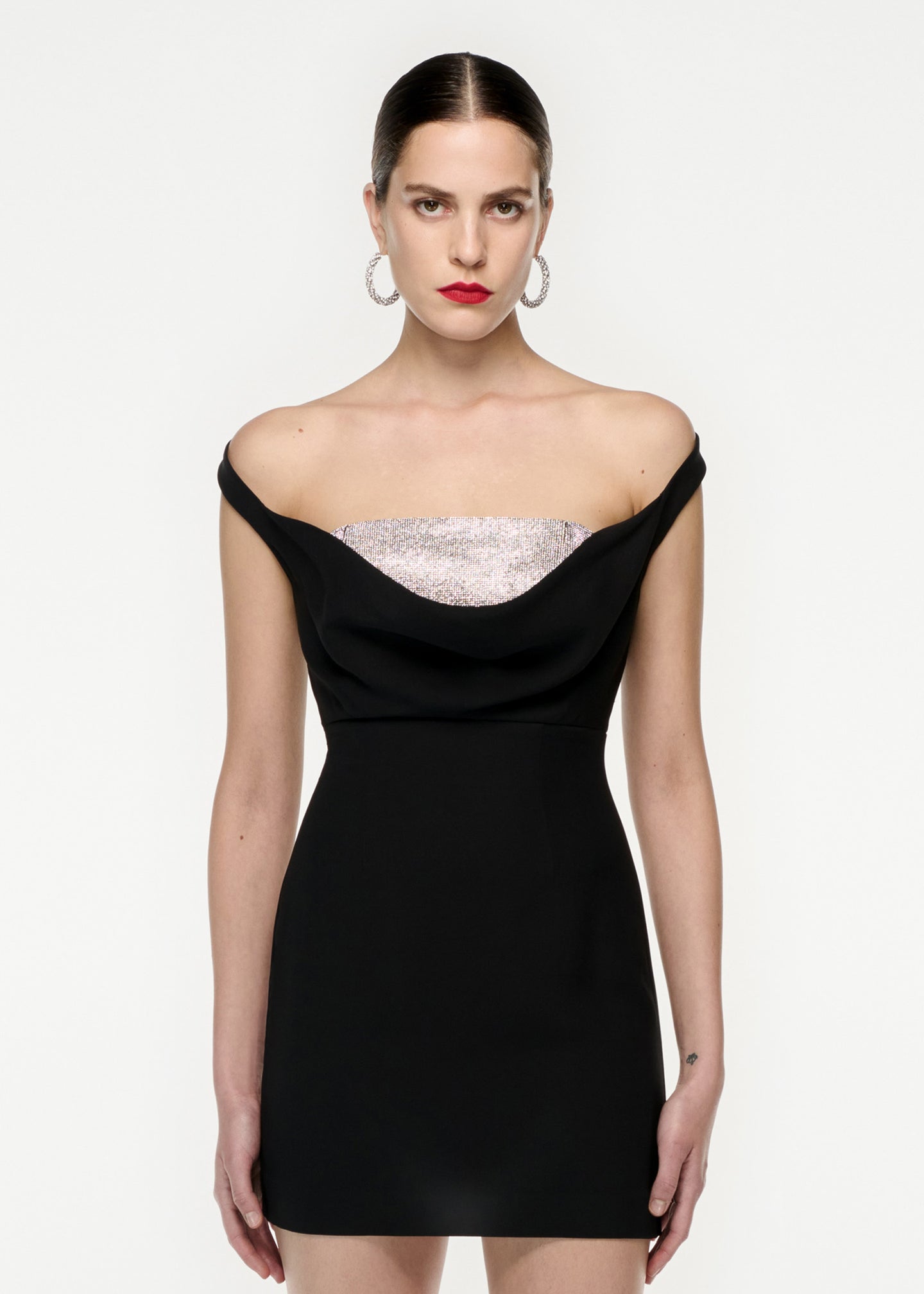 off shoulder silk wool diamante mini dress black