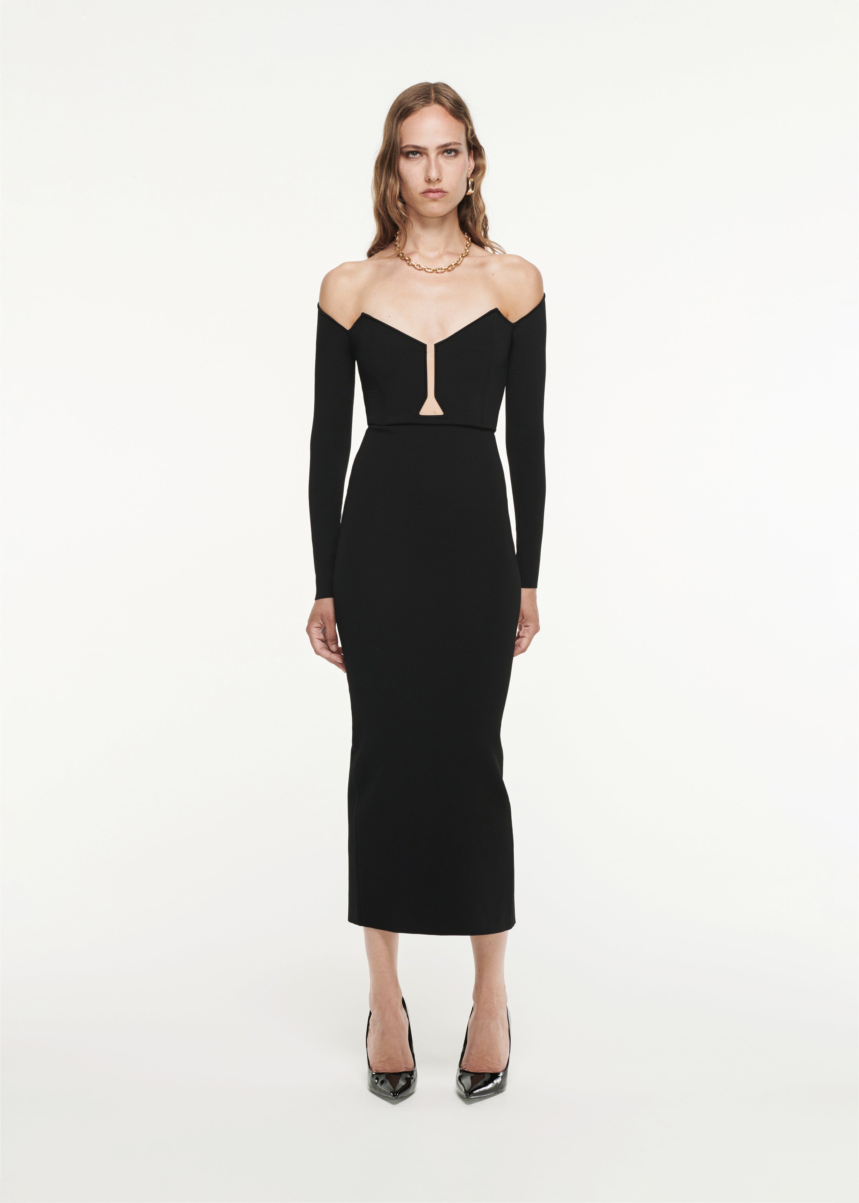 Offshoulder Long Sleeve Knit Midi Dress in Black Roland Mouret