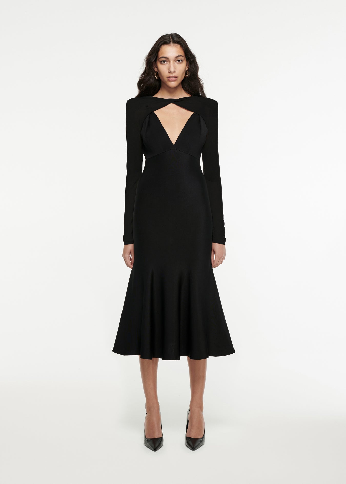 Detachable Sleeve Knit Midi Dress Black
