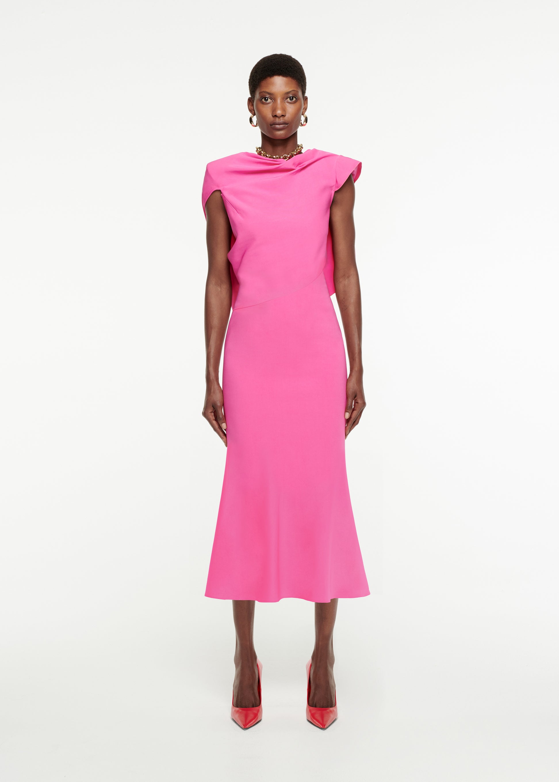 Woman wearing the Draped Stretch-Cady Midi Dress in Pink