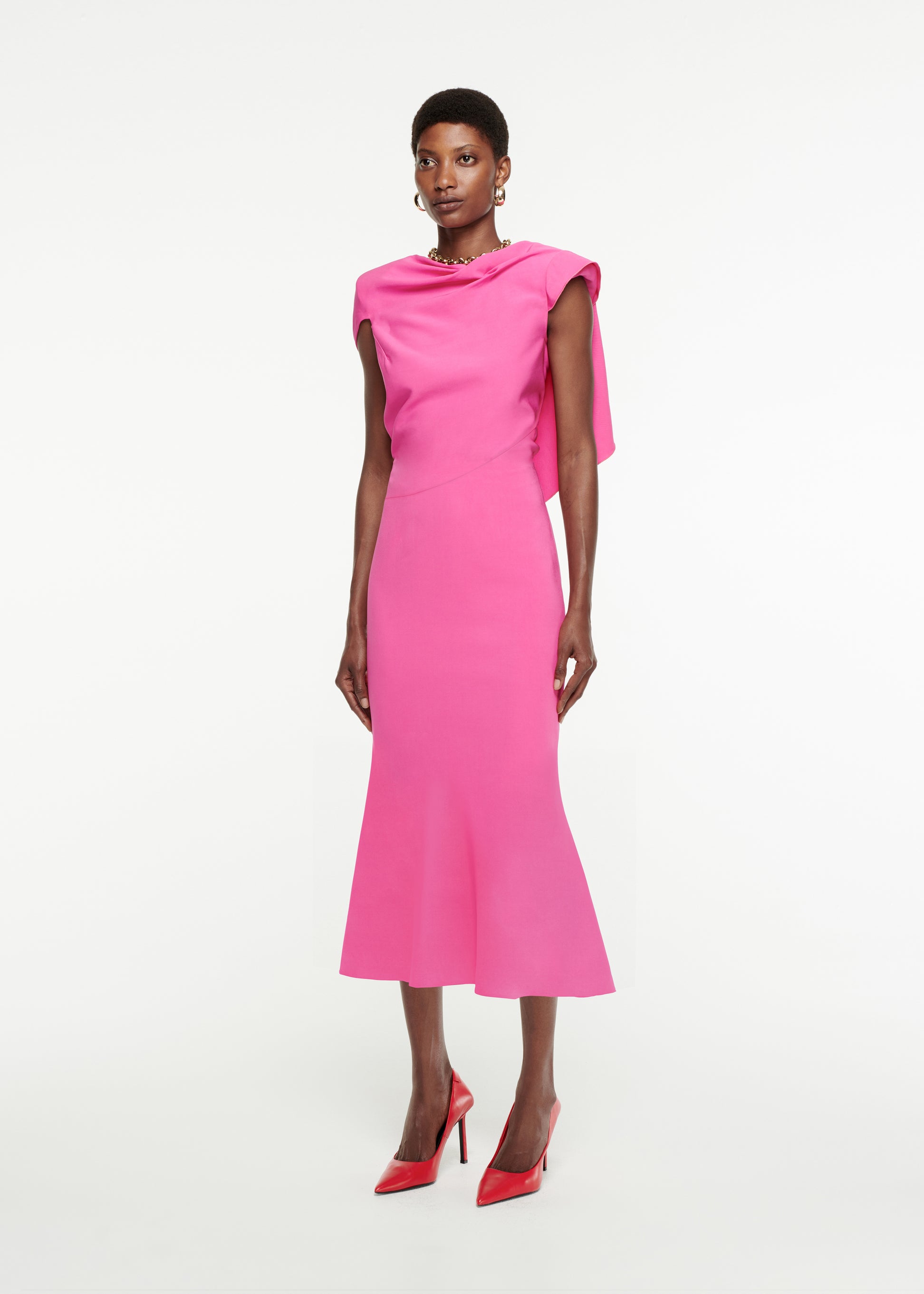 Woman wearing the Draped Stretch-Cady Midi Dress in Pink