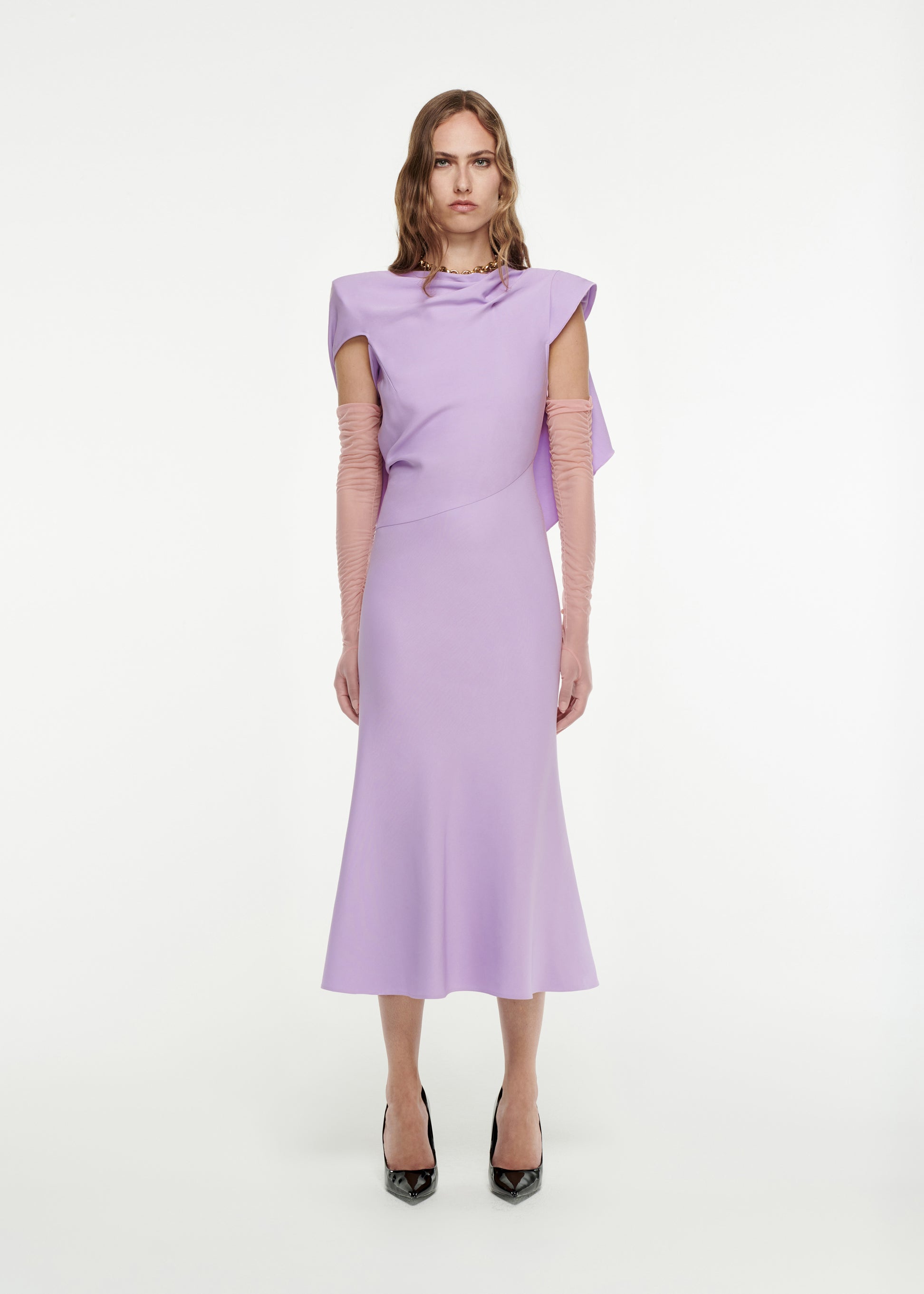 Woman wearing the Draped Stretch-Cady Midi Dress in Lilac