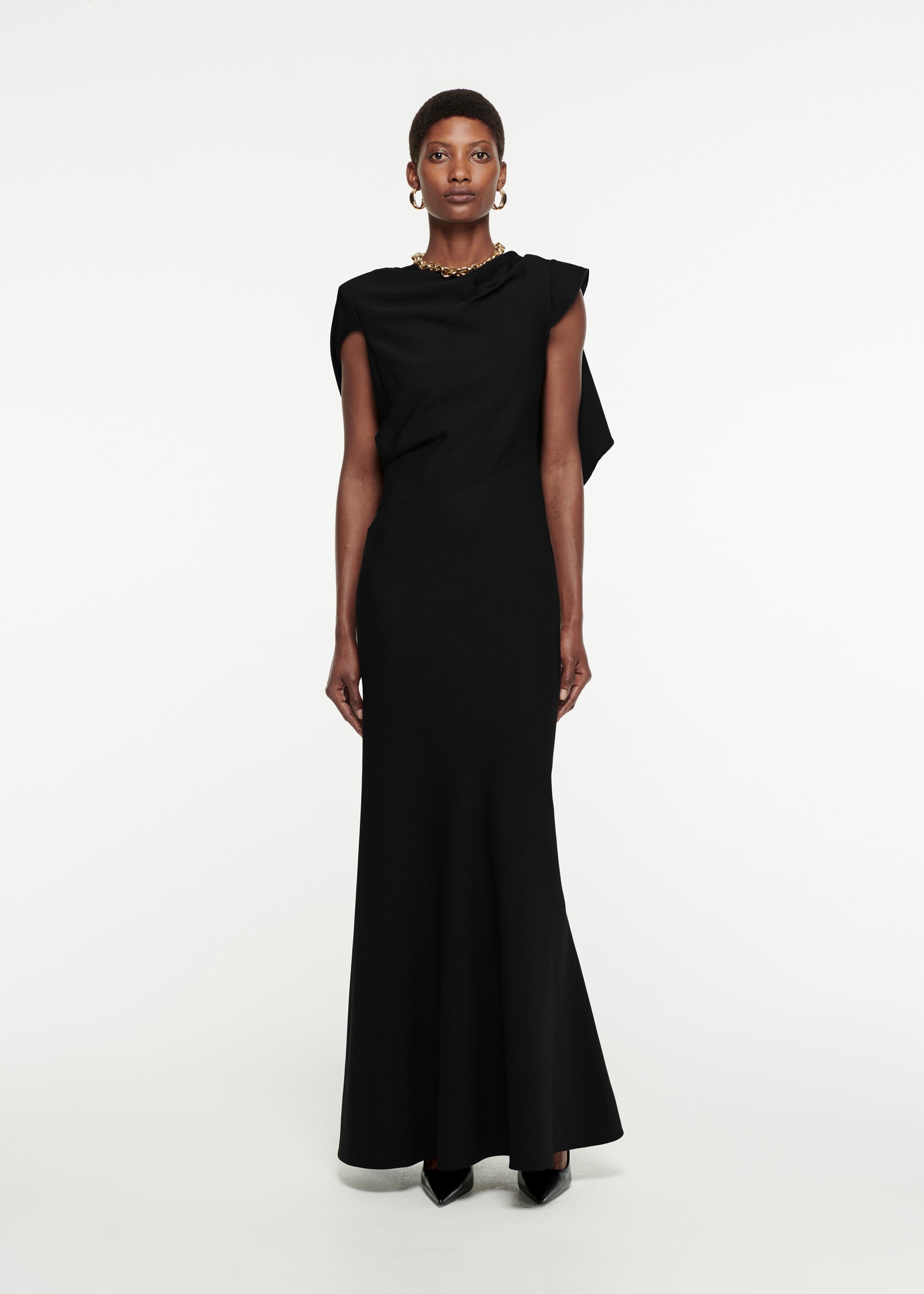 Woman wearing the Draped Stretch-Cady Gown in Black
