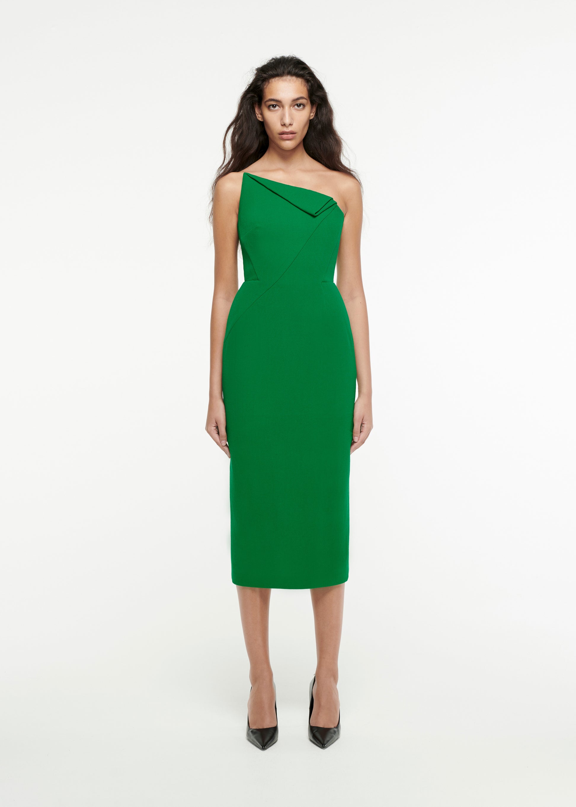 Woman wearing the Strapless Origami Midi Dress in Green 