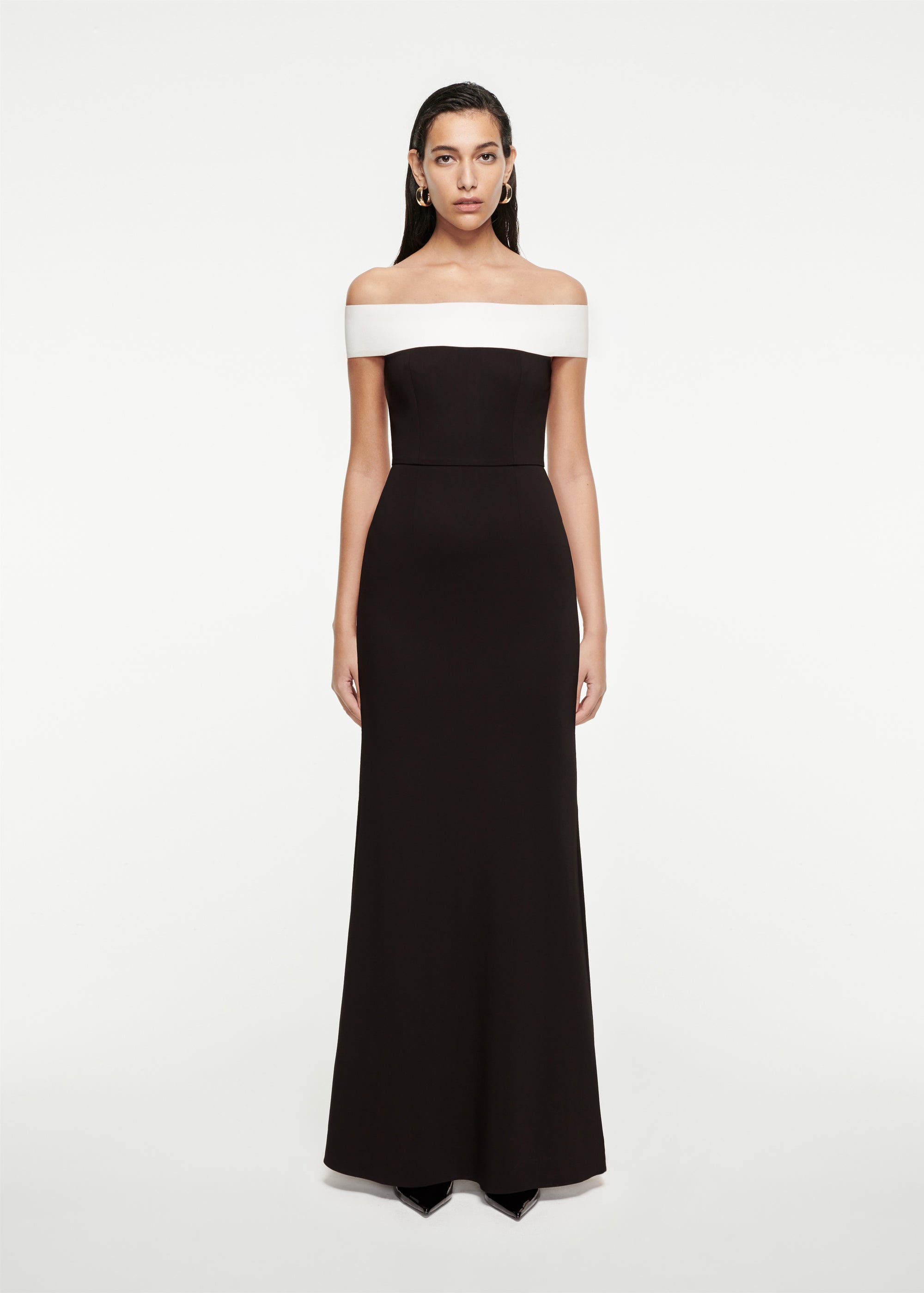 Woman wearing the Off-The-Shoulder Stretch-Cady Gown in Black 