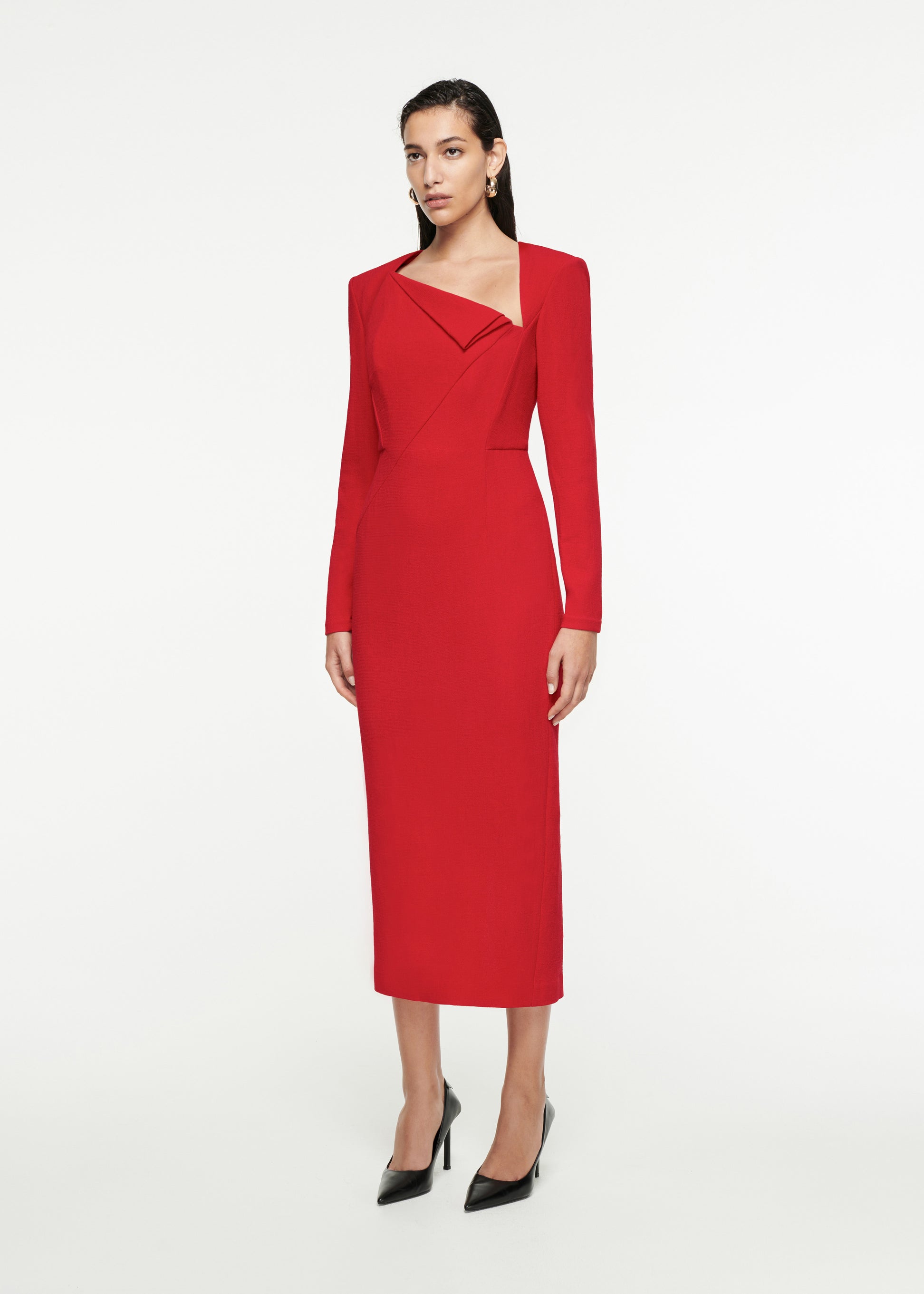 Woman wearing the Long Sleeve Origami Midi Dress in Red