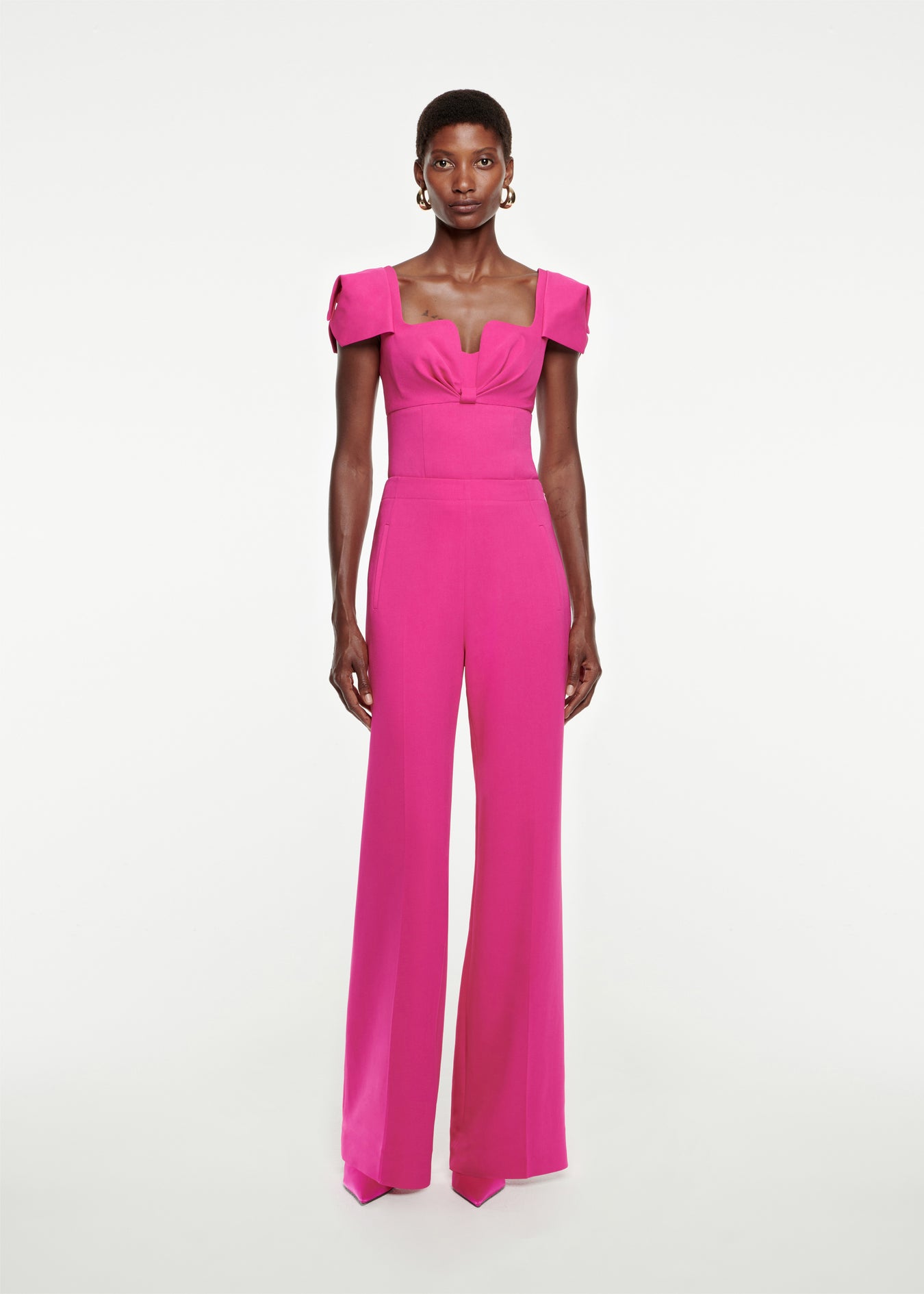 Woman wearing the Wide Leg Stretch-Cady Trouser in Pink
