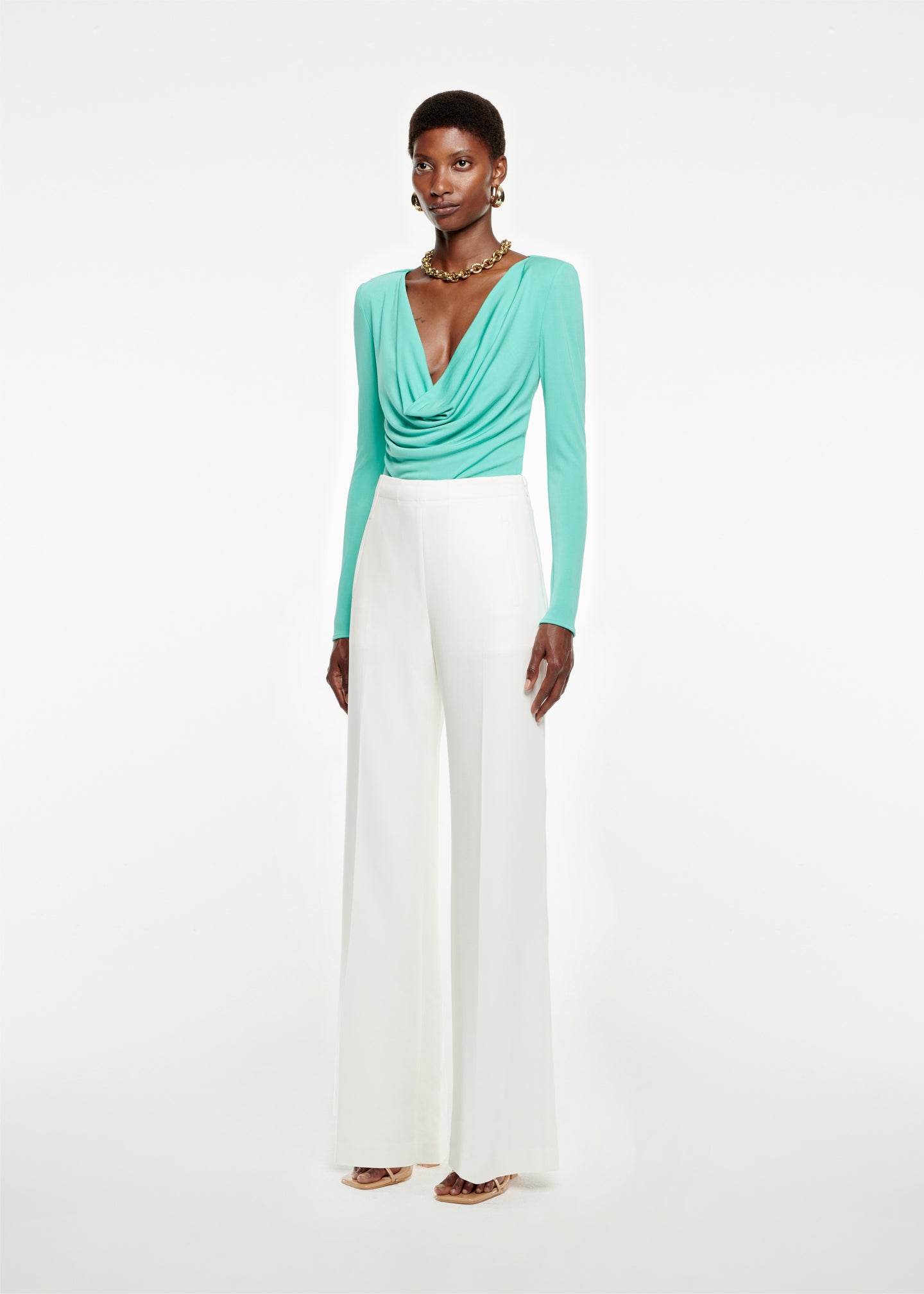 Woman wearing the Wide Leg Stretch-Cady Trouser in White