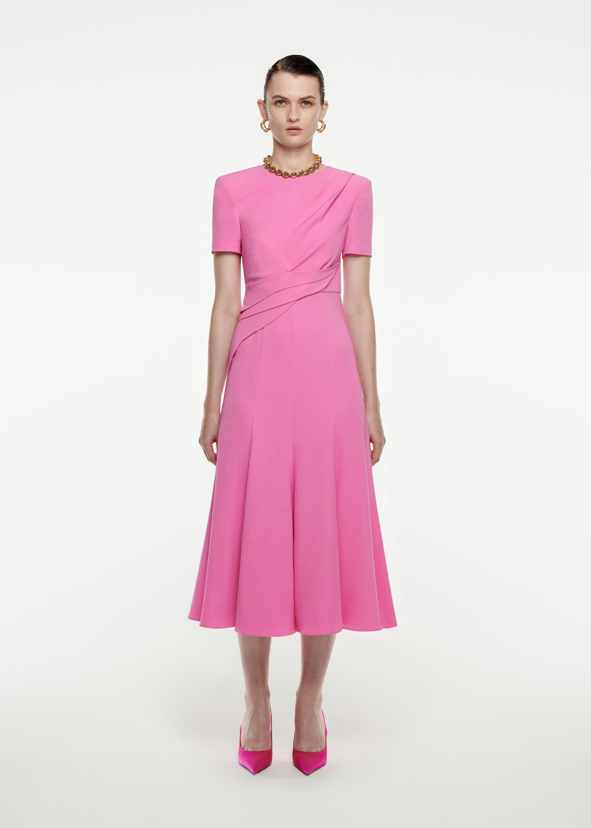 Woman wearing the Short Sleeve Stretch-Cady Midi Dress in Pink