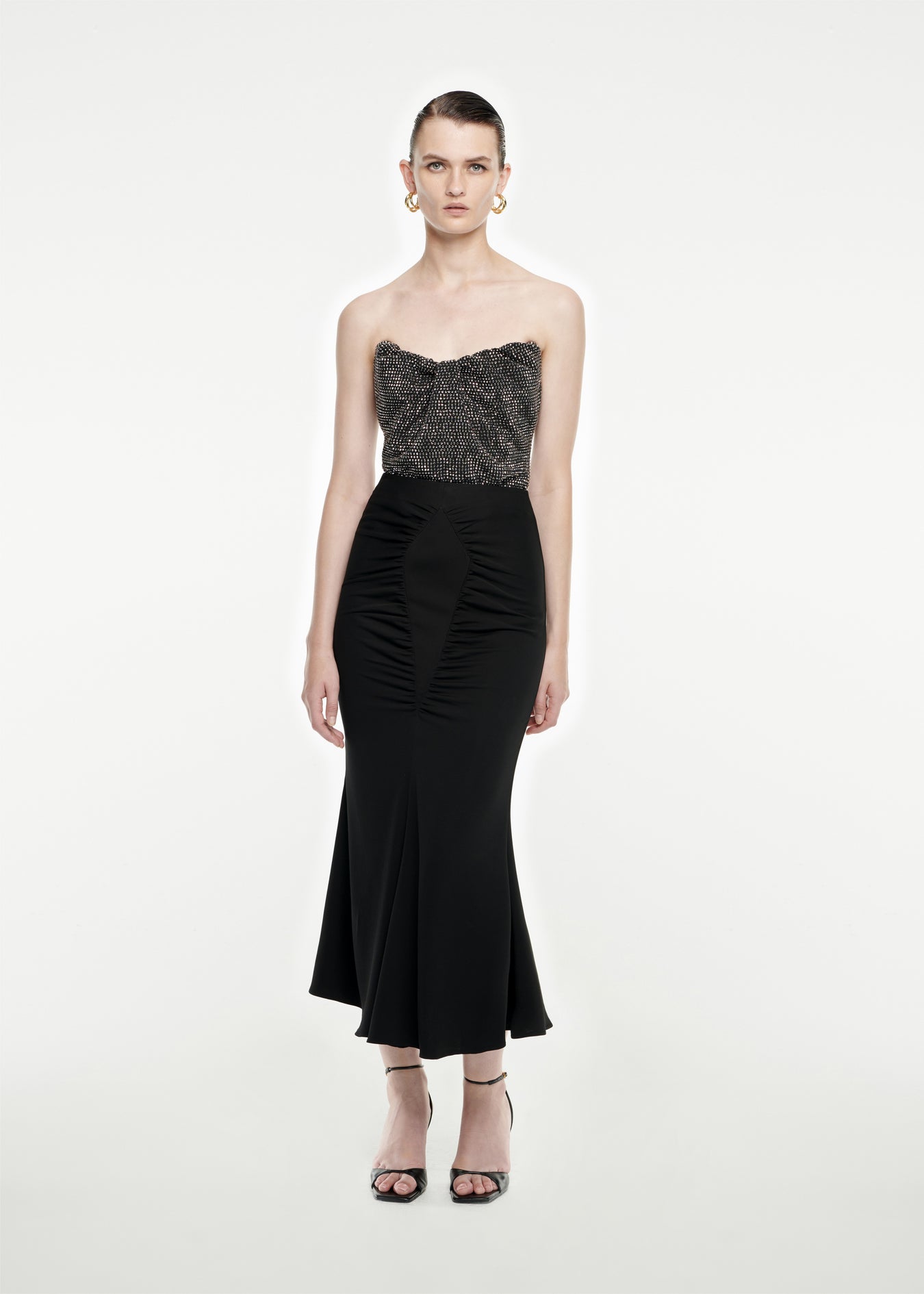 Woman wearing the Strapless Diamante Top in Black