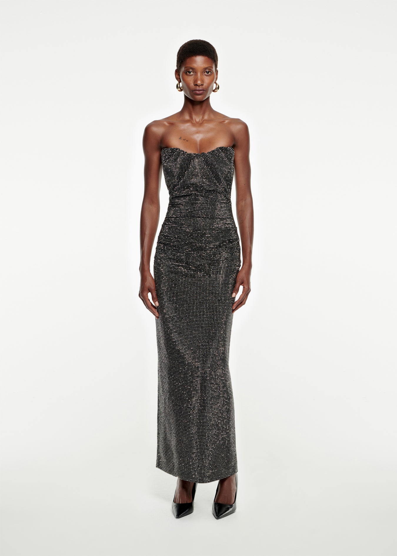 Woman wearing the Strapless Diamante Maxi Dress in Black