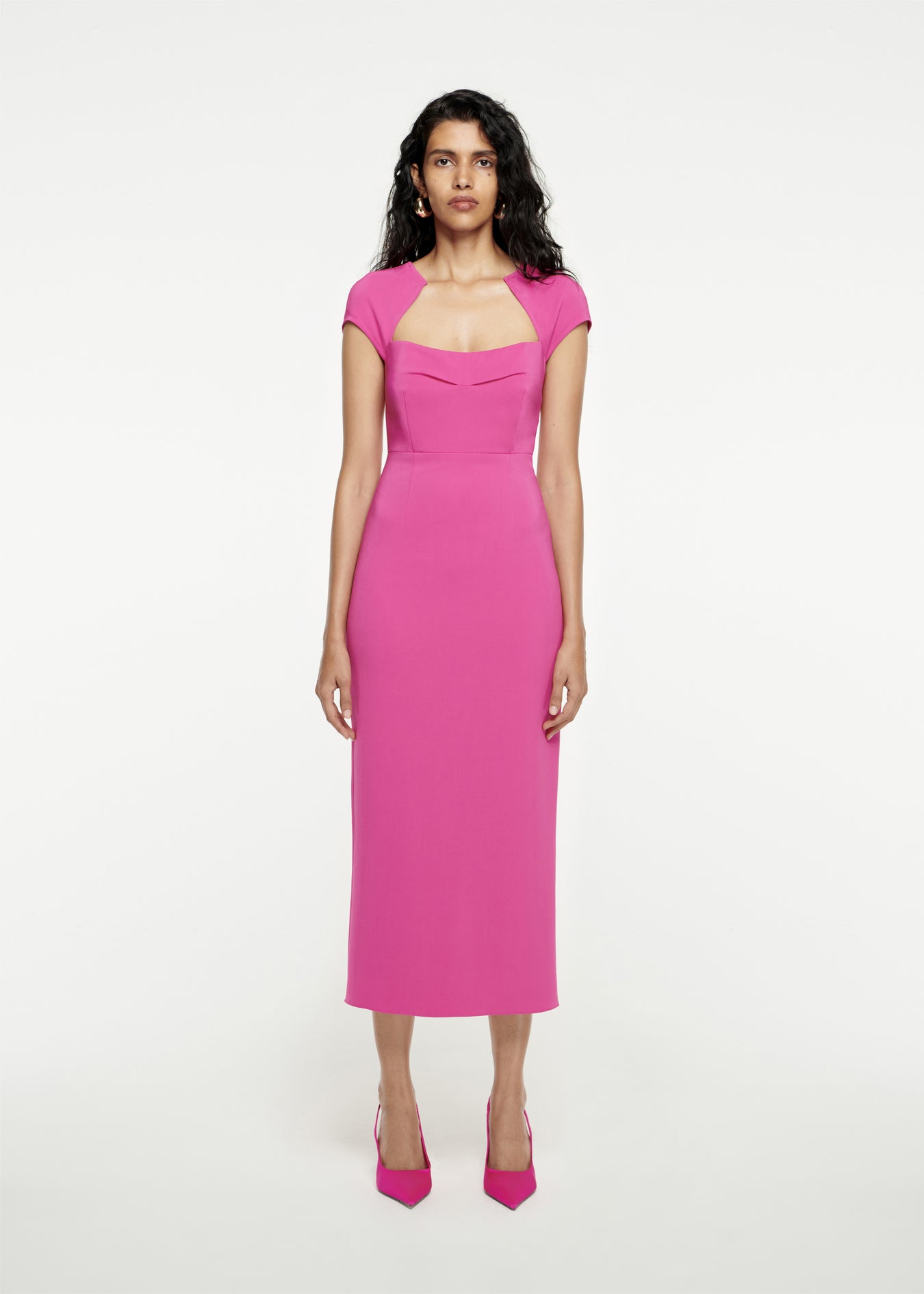 Woman wearing the Cap Sleeve Stretch-Cady Midi Dress in Pink