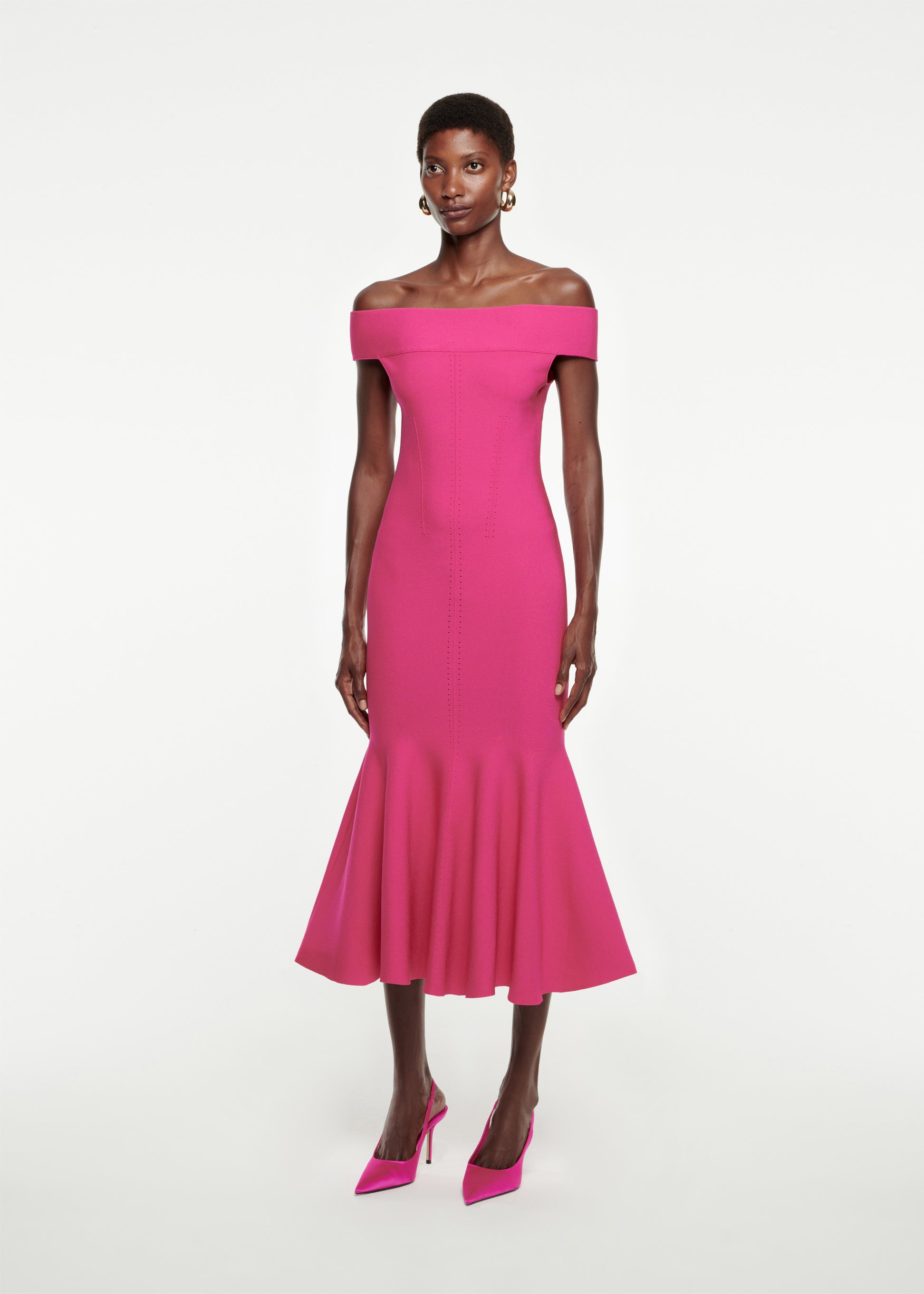 Off The Shoulder Knit Midi Dress Pink