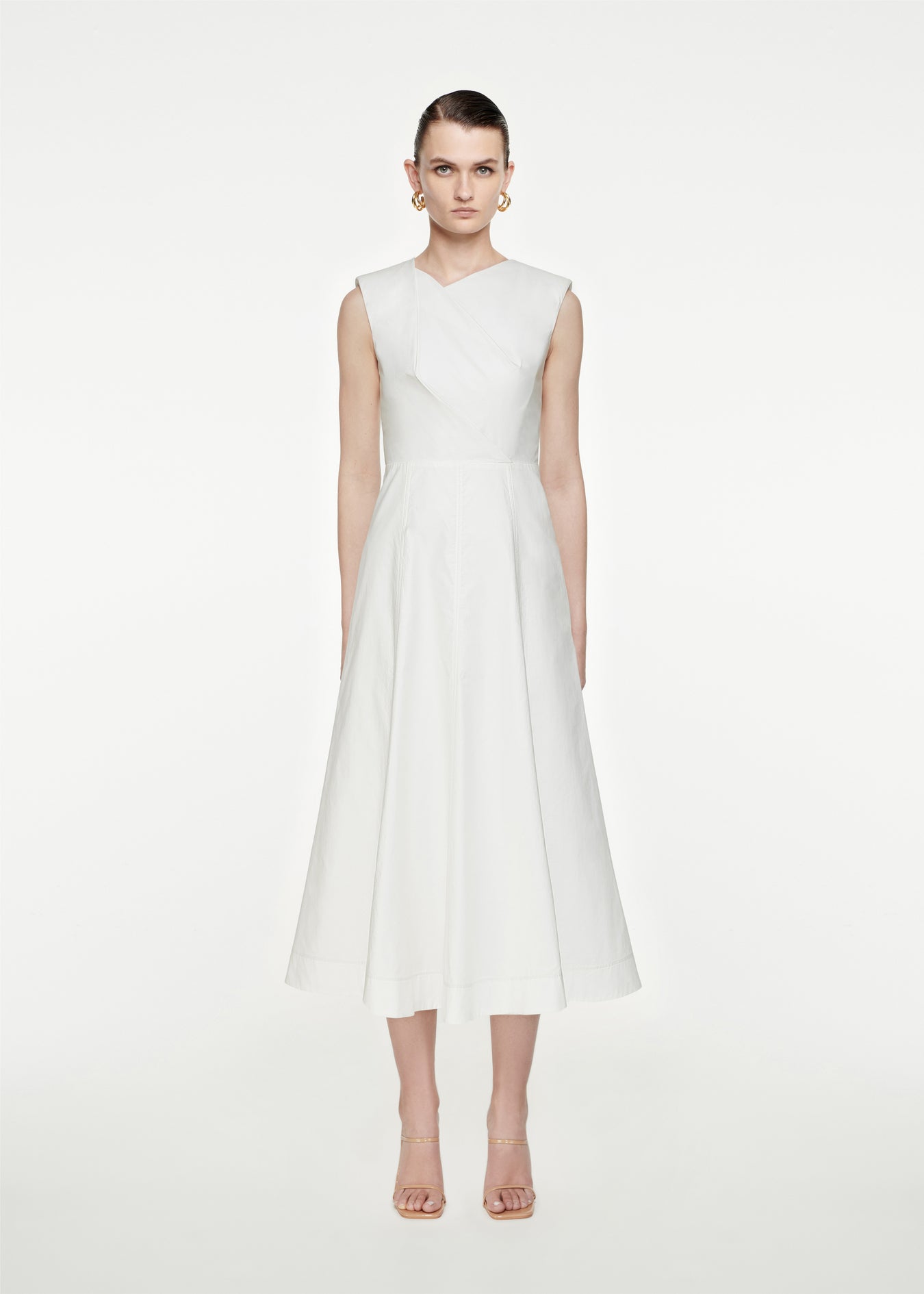 Woman wearing the Cotton Poplin Midi Dress in White
