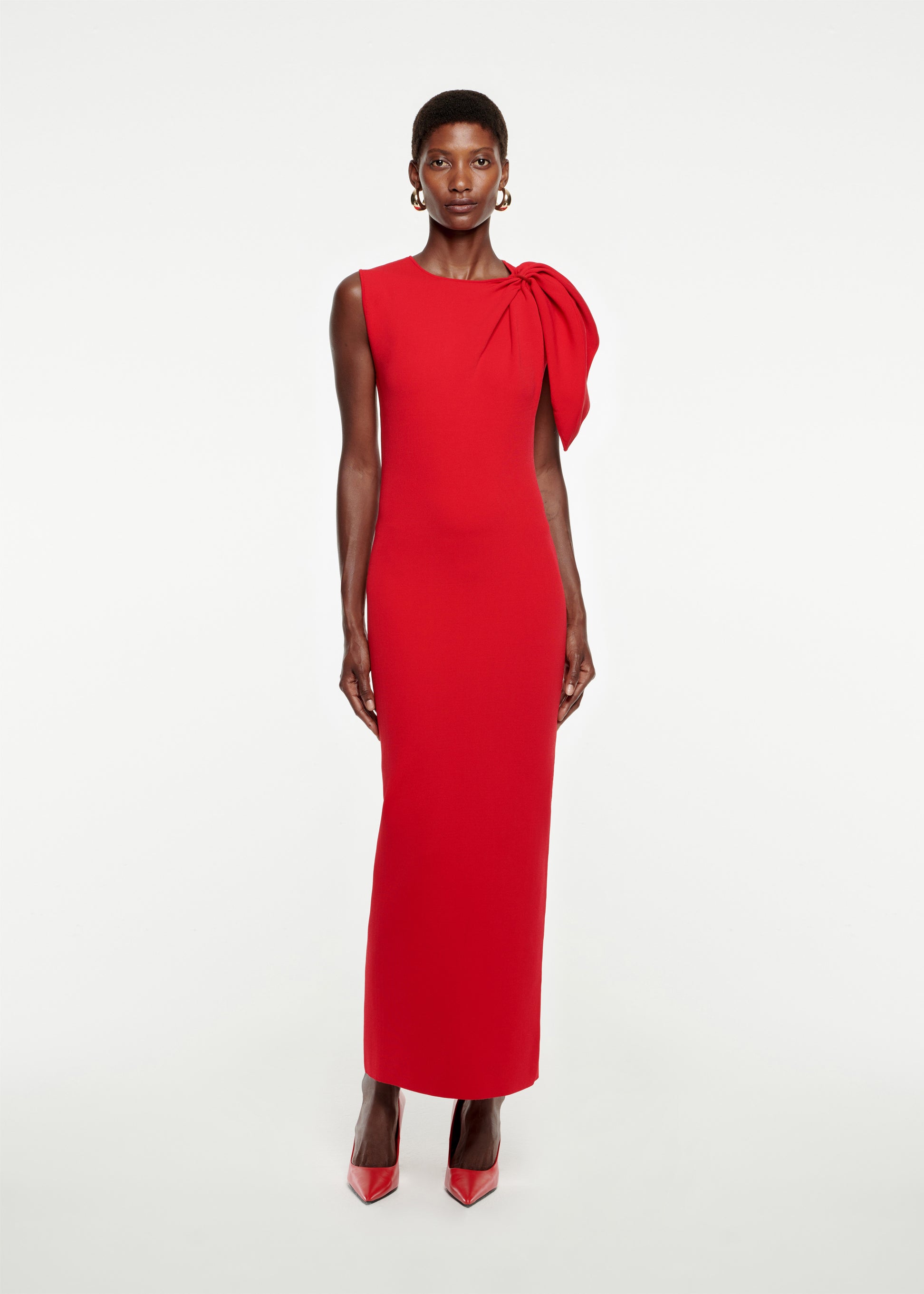 Woman wearing the Knit Maxi Dress in Red