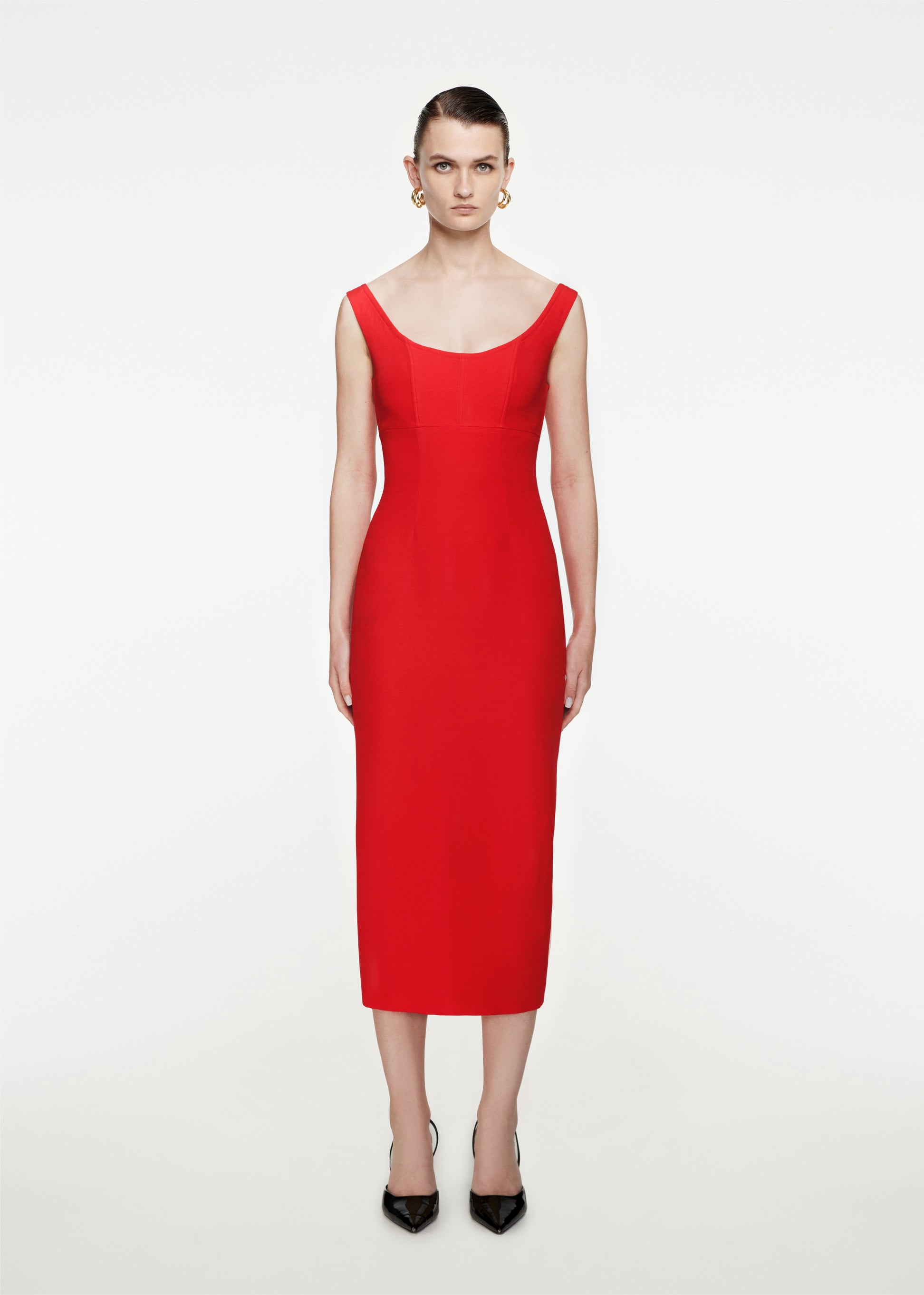 Woman wearing the Off The Shoulder Silk Wool Midi Dress in Red