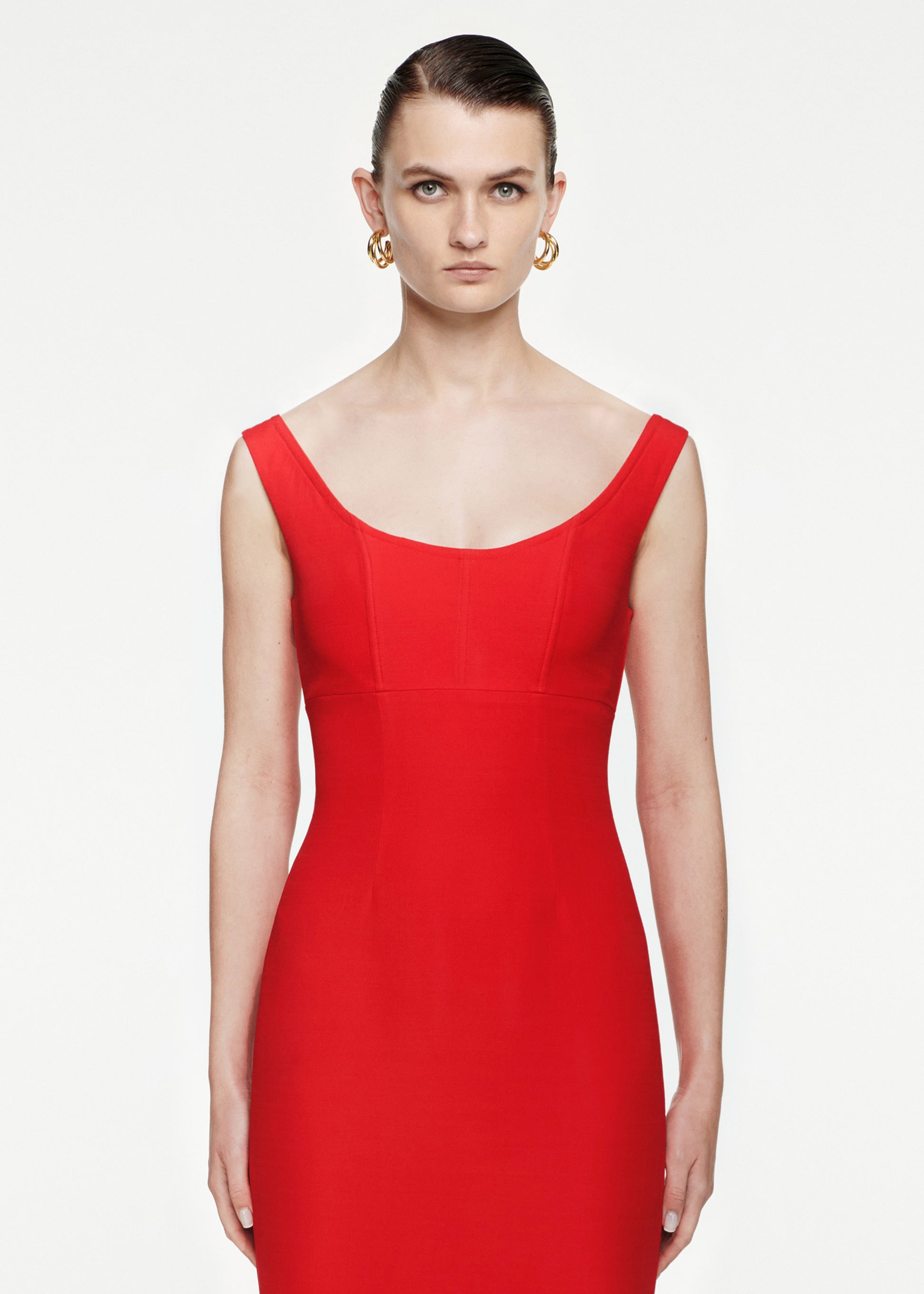 Off The Shoulder Silk Wool Midi Dress in Red